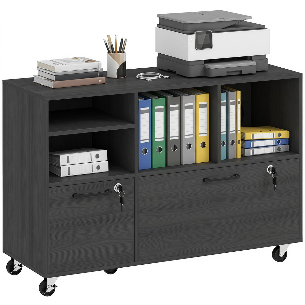 File Cabinet, 2 Drawer Mobile Lateral Filing Cabinet with Lock, Charging Station, Printer Stand with Shelves, Hanging Bars, Fits A4/Letter/Legal Size for Home Office, Black