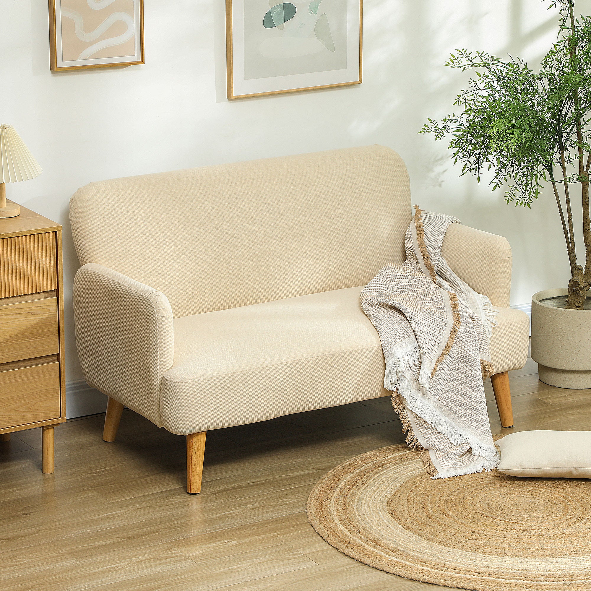 HOMCOM 2 Seater Sofa, Small Sofa Couch with 21cm Thick Padding and Wood Legs, Modern Velvet Feel Fabric Loveseat for Living Room, Bedroom, Home Office, Cream White