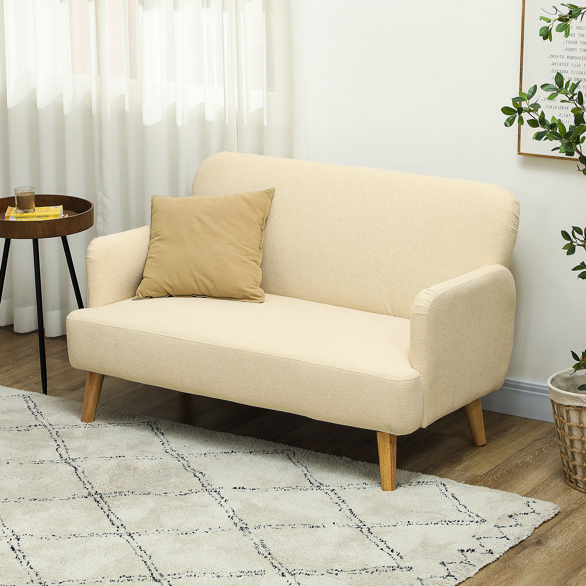 HOMCOM 2 Seater Sofa, Small Sofa Couch with 21cm Thick Padding and Wood Legs, Modern Velvet Feel Fabric Loveseat for Living Room, Bedroom, Home Office, Cream White