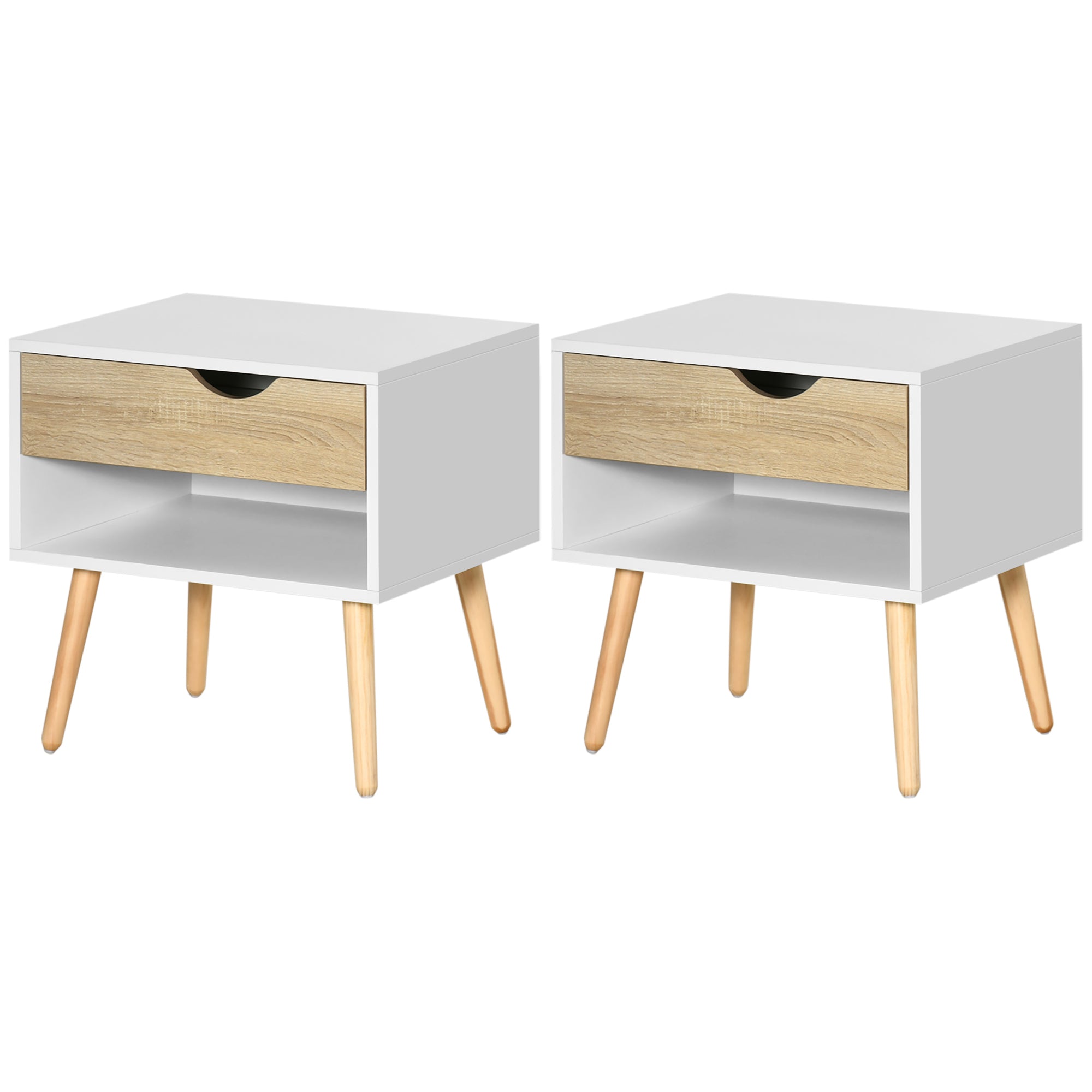 HOMCOM Set of 2 Bedside Table with Drawer and Shelf, Modern Nightstand, End Table for Bedroom, White