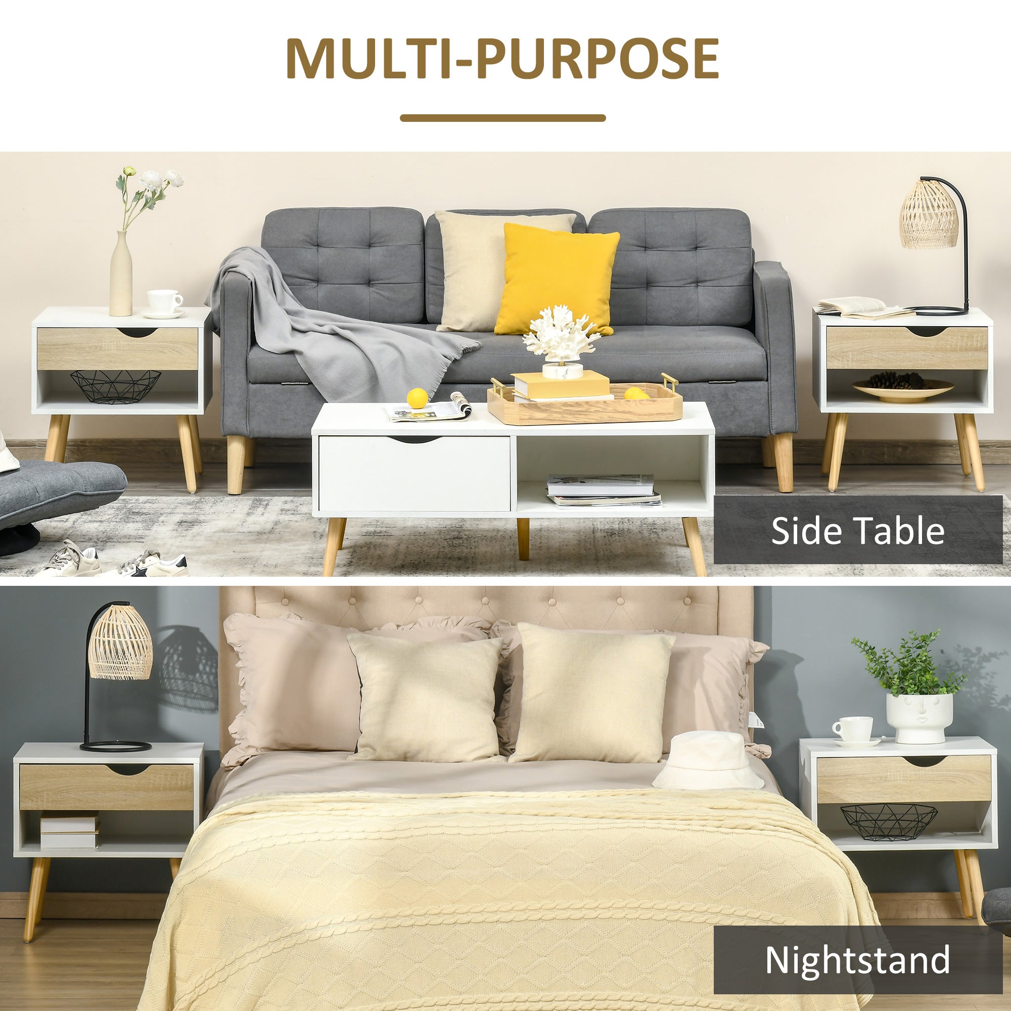 HOMCOM Set of 2 Bedside Table with Drawer and Shelf, Modern Nightstand, End Table for Bedroom, Living Room, White