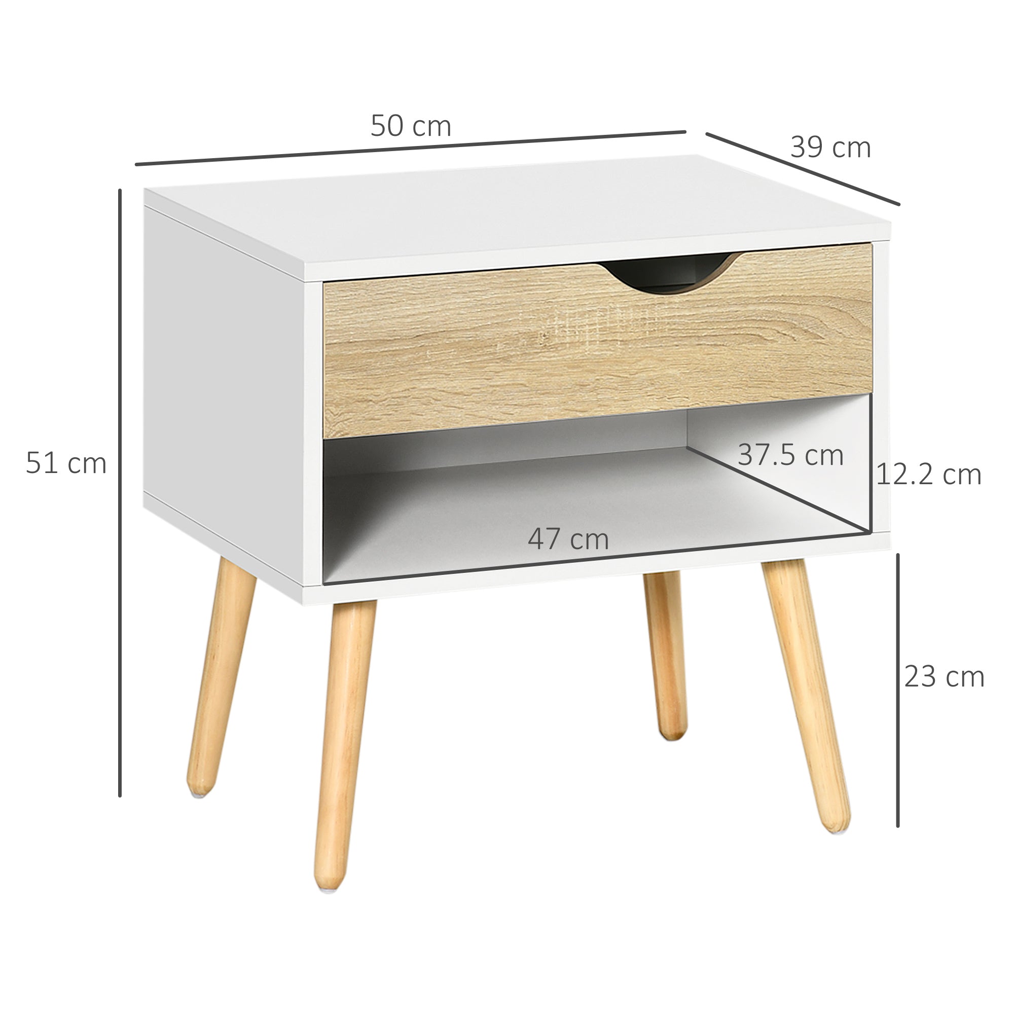 HOMCOM Set of 2 Bedside Table with Drawer and Shelf, Modern Nightstand, End Table for Bedroom, Living Room, White