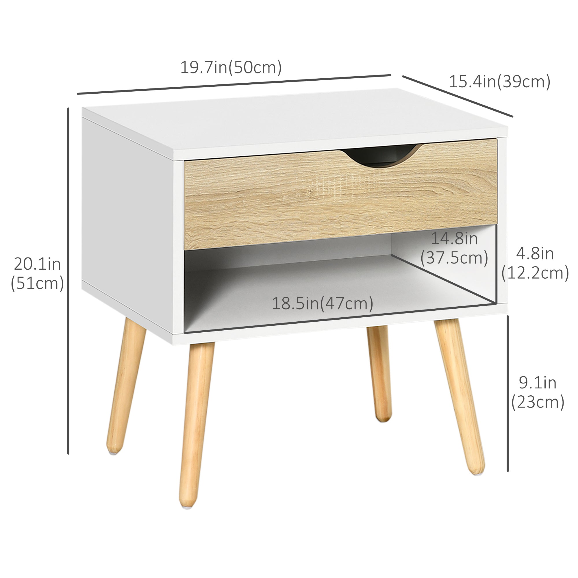 HOMCOM Set of 2 Bedside Table with Drawer and Shelf, Modern Nightstand, End Table for Bedroom, White