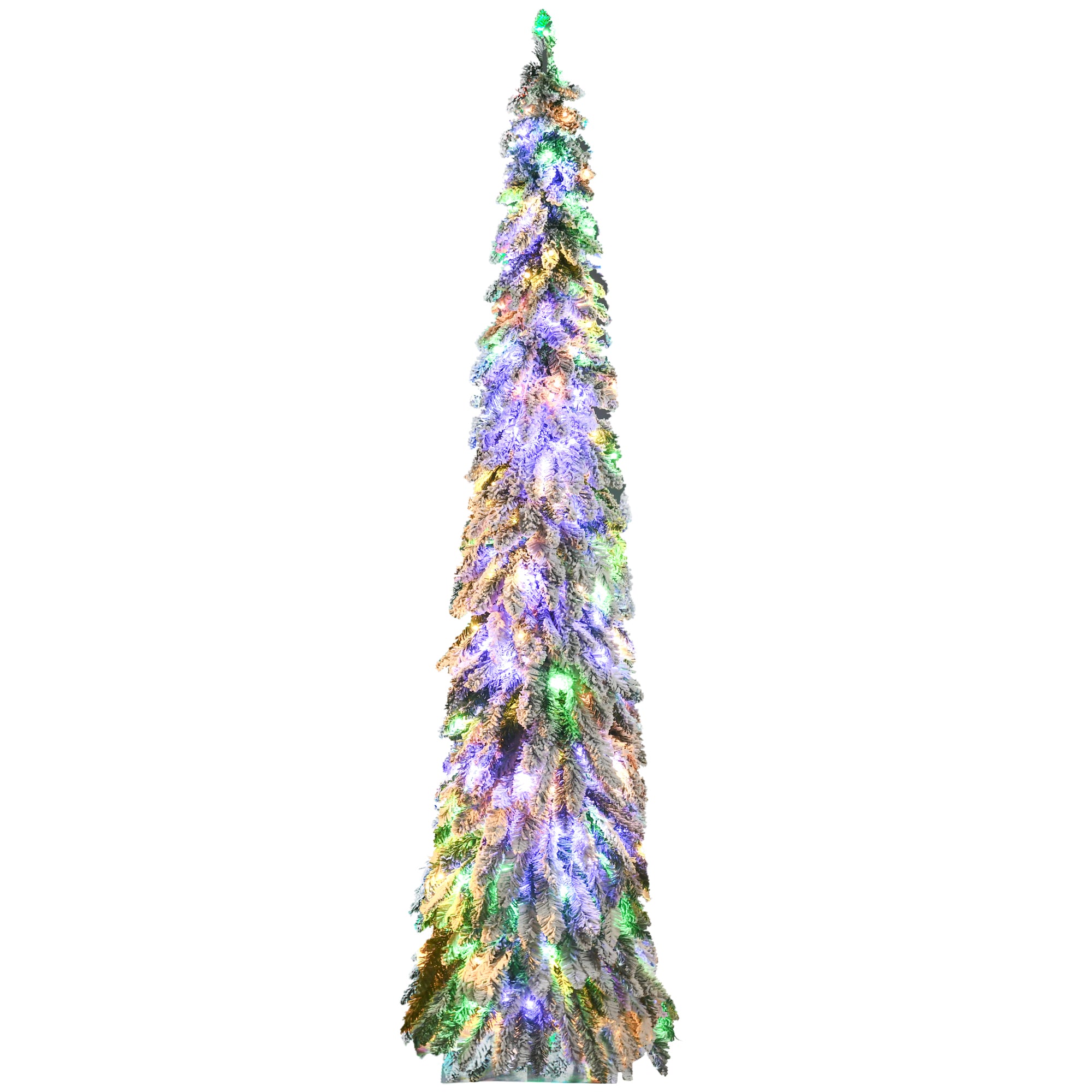 7ft Tall Prelit Pencil Artificial Christmas Tree Holiday Décor with 534 Snow Flocked Branches, 350 Warm White or Colorful LED Lights, Downswept Shape