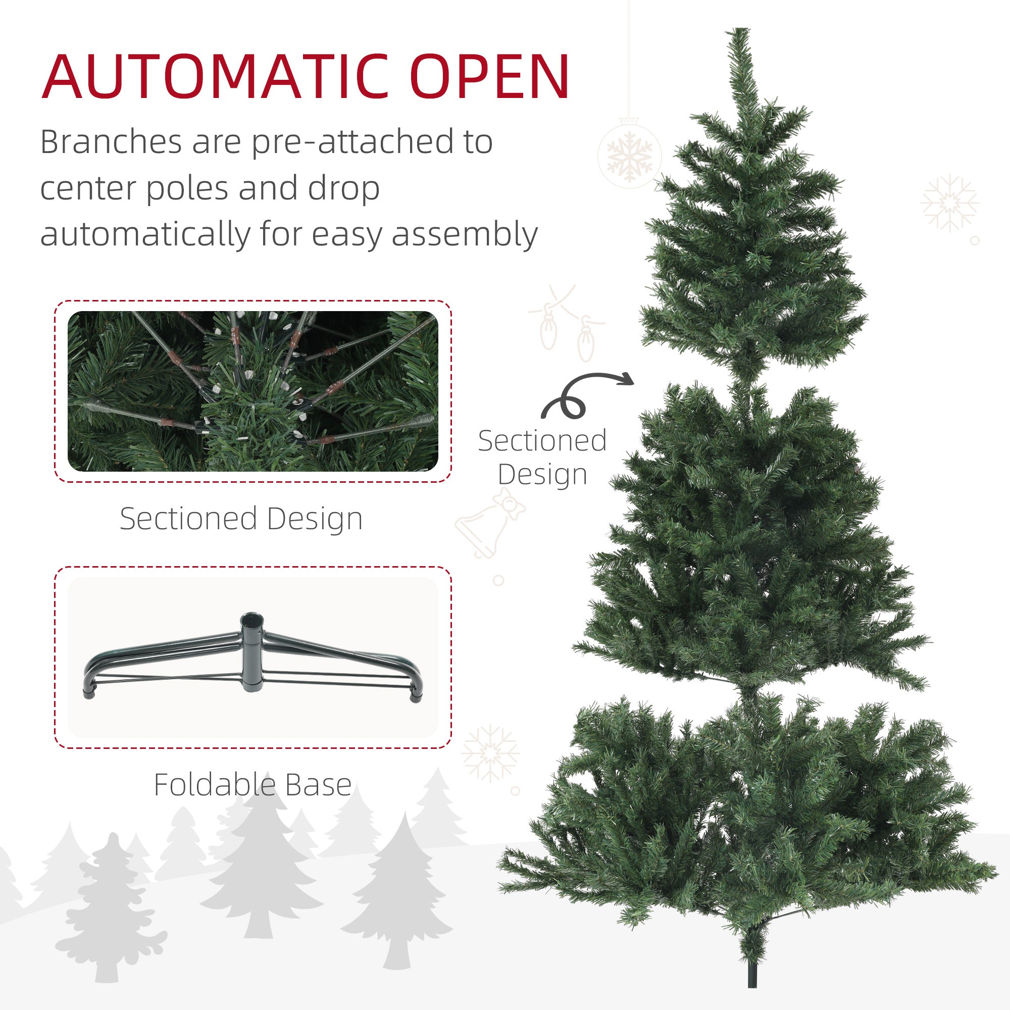 HOMCOM 6ft Artificial Christmas Tree, Xmas Tree with 1000 Branch Tips, Auto Open Holiday Party Décor with Steel Base for Home Office, Green