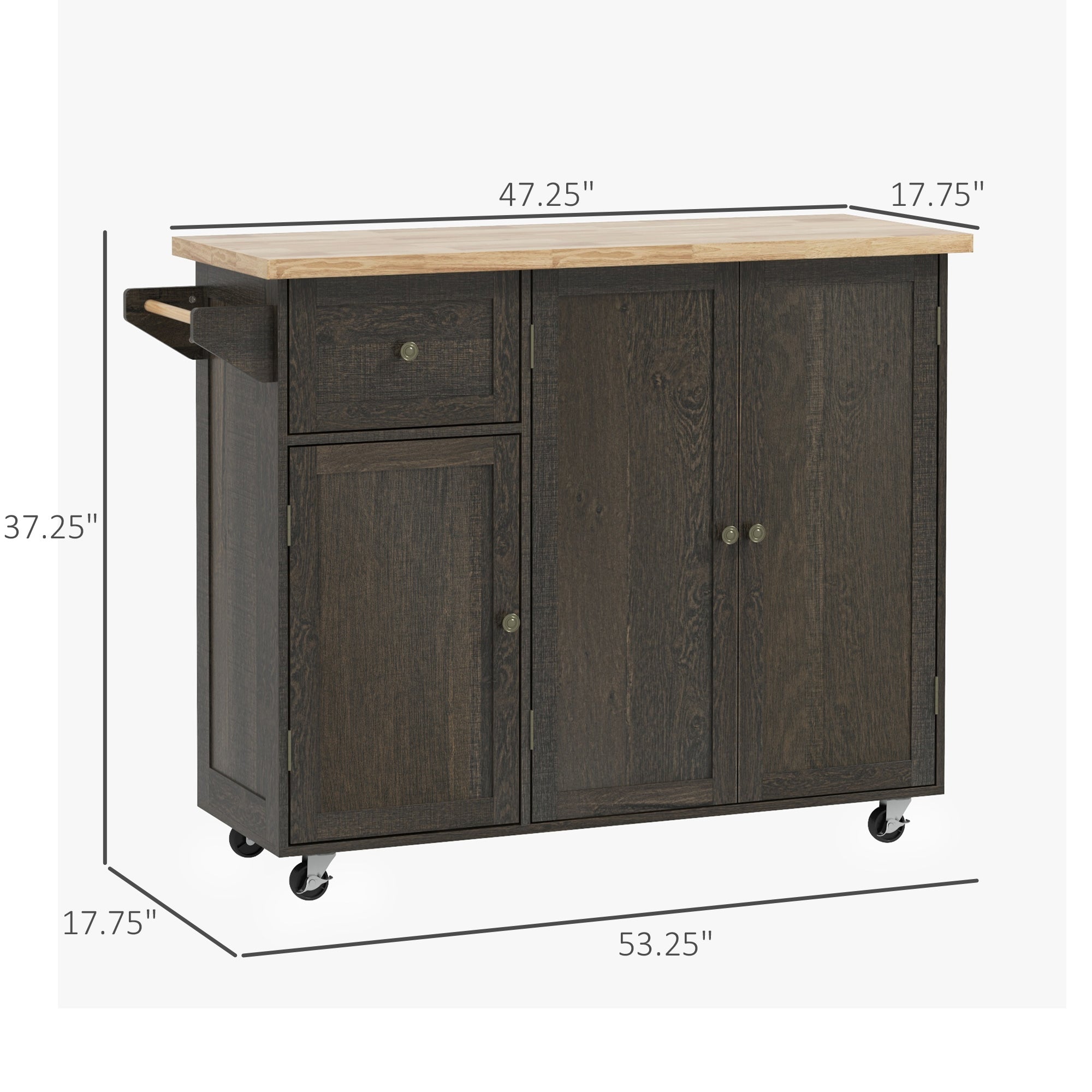 Triple Cabinet Rolling Kitchen Island on Wheels Kitchen Cart Distressed Brown