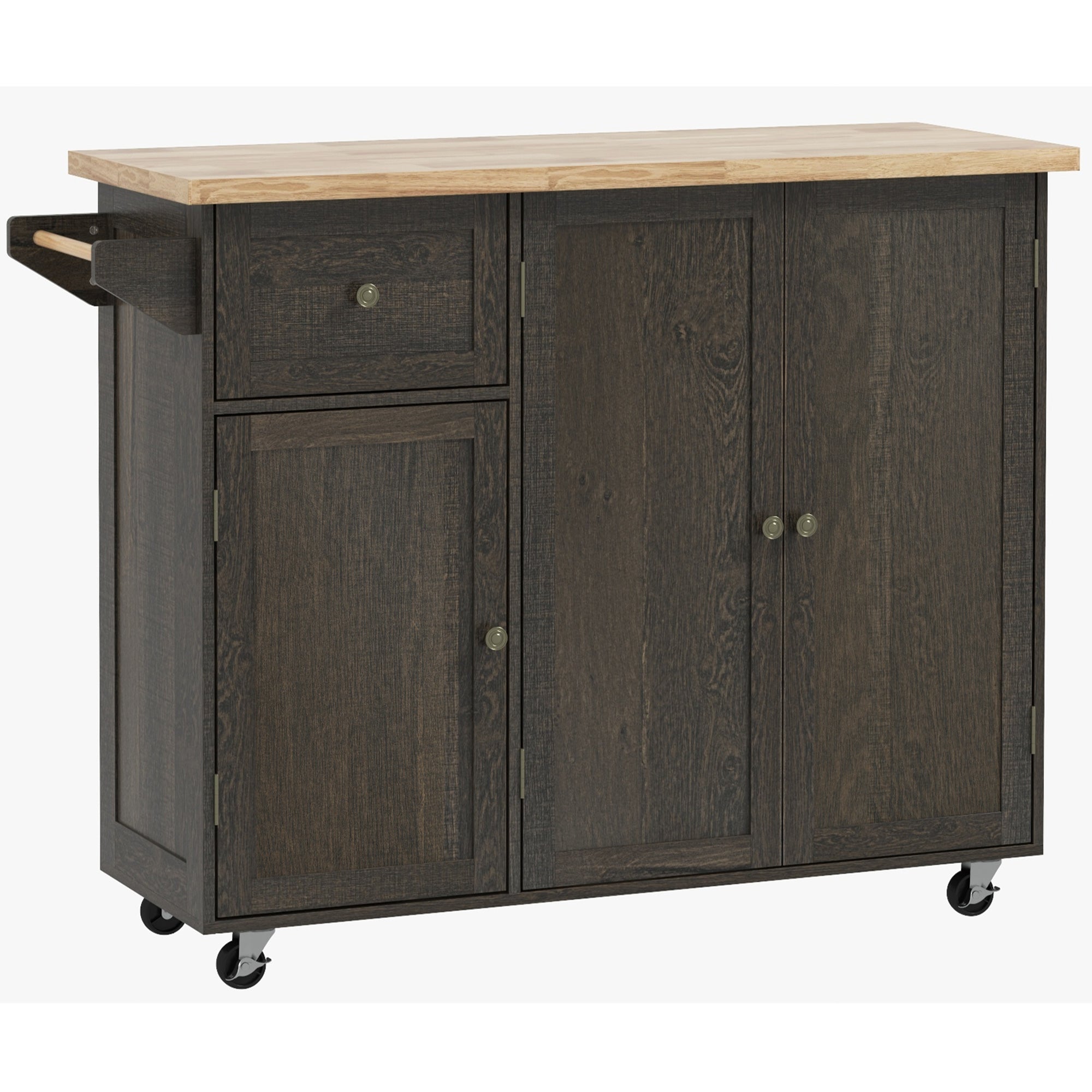 Triple Cabinet Rolling Kitchen Island on Wheels Kitchen Cart Distressed Brown