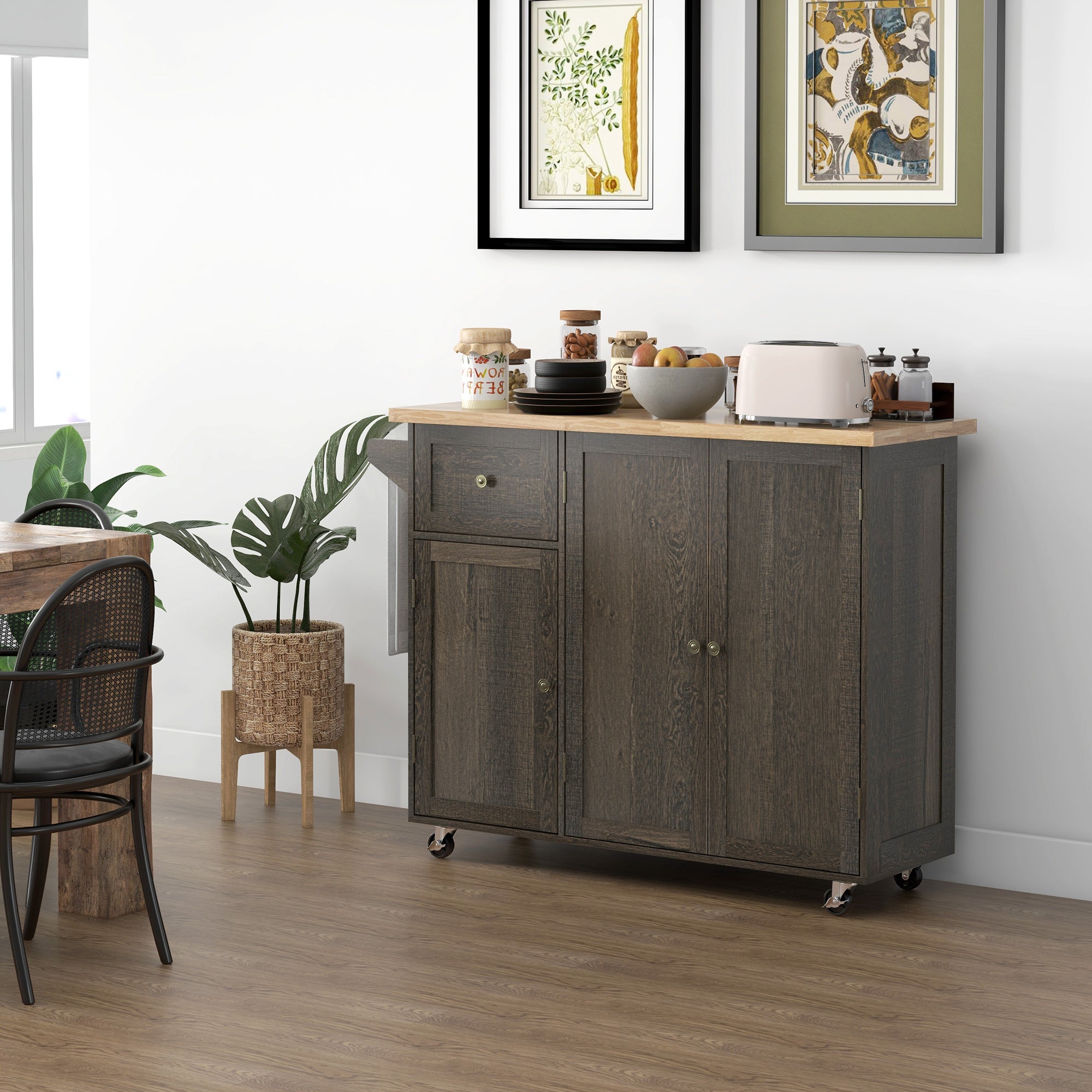 Triple Cabinet Rolling Kitchen Island on Wheels Kitchen Cart Distressed Brown