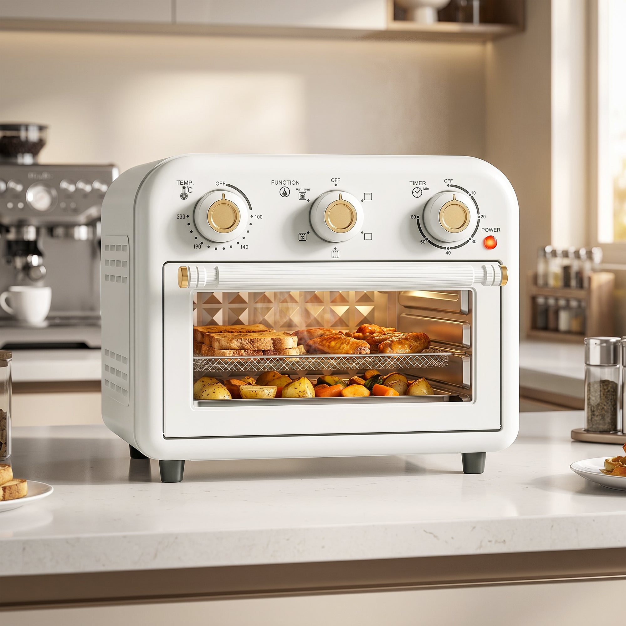 Air Fryer Oven, 12 L Small Convection Countertop Toaster Oven with Knob Controls, Baking Tray and Fry Basket, Adjustable Temperature, Timer, Dishwasher Safe, 1200W, Steel, Cream White