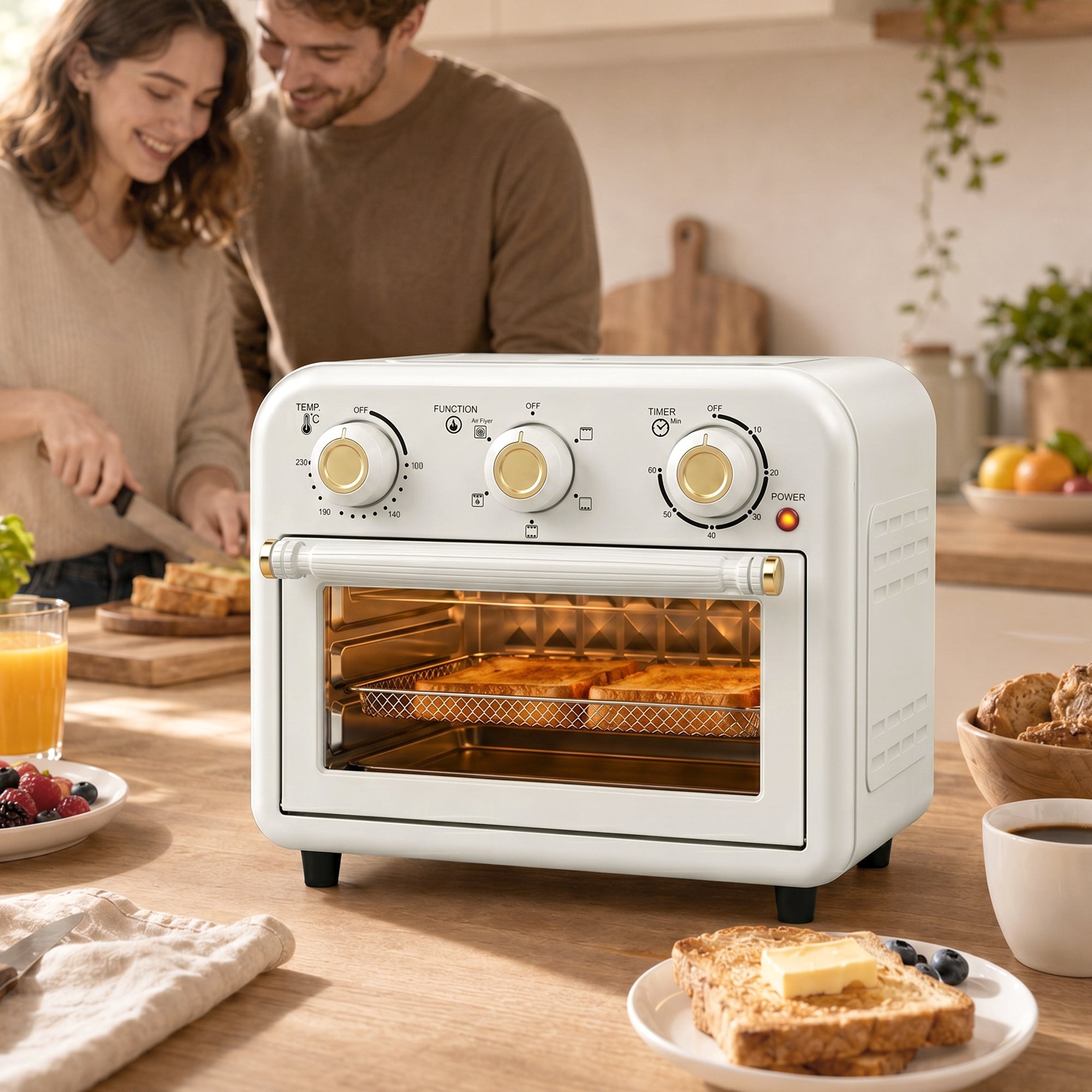 Air Fryer Oven, 12 L Small Convection Countertop Toaster Oven with Knob Controls, Baking Tray and Fry Basket, Adjustable Temperature, Timer, Dishwasher Safe, 1200W, Steel, Cream White