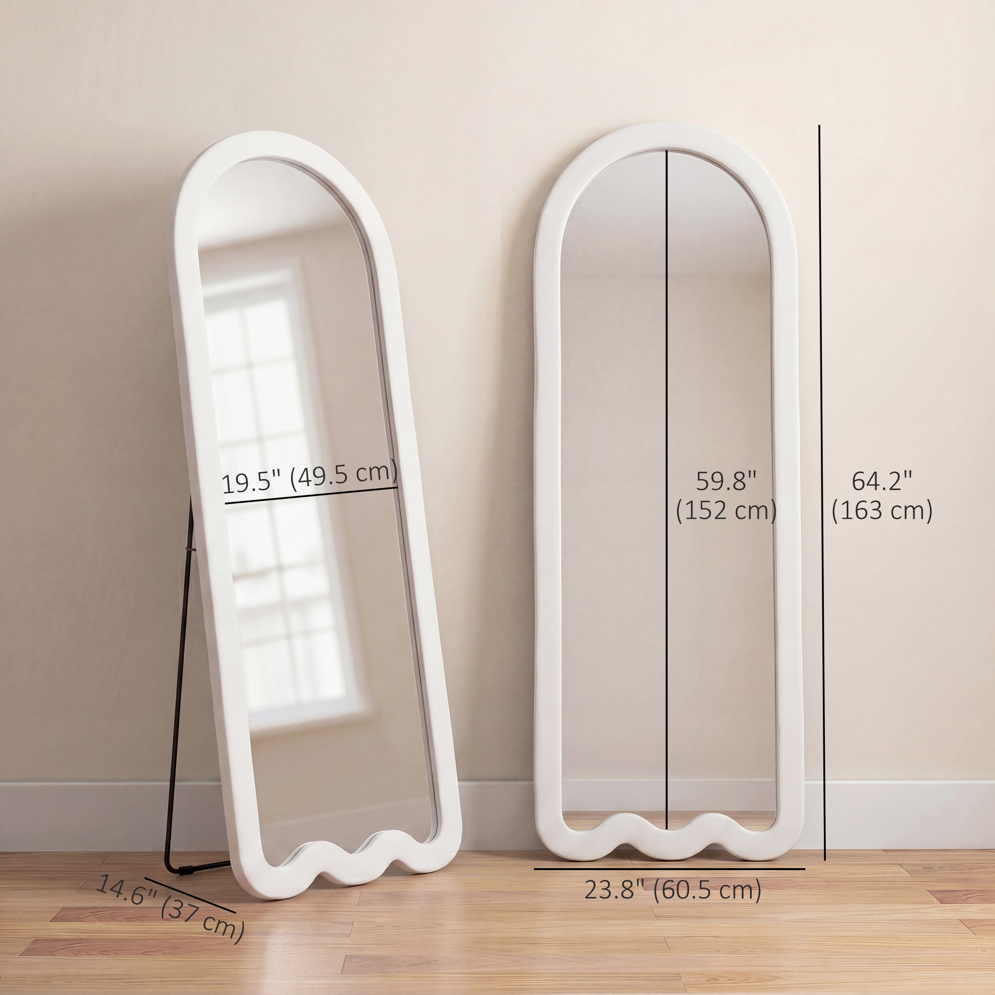 64"x 24" Full Length Mirror, Free Standing, Leaning or Wall Mounted Full Body Mirror, Soft Padded Frame and Arched Wavy Design for Bedroom, Living Room, White