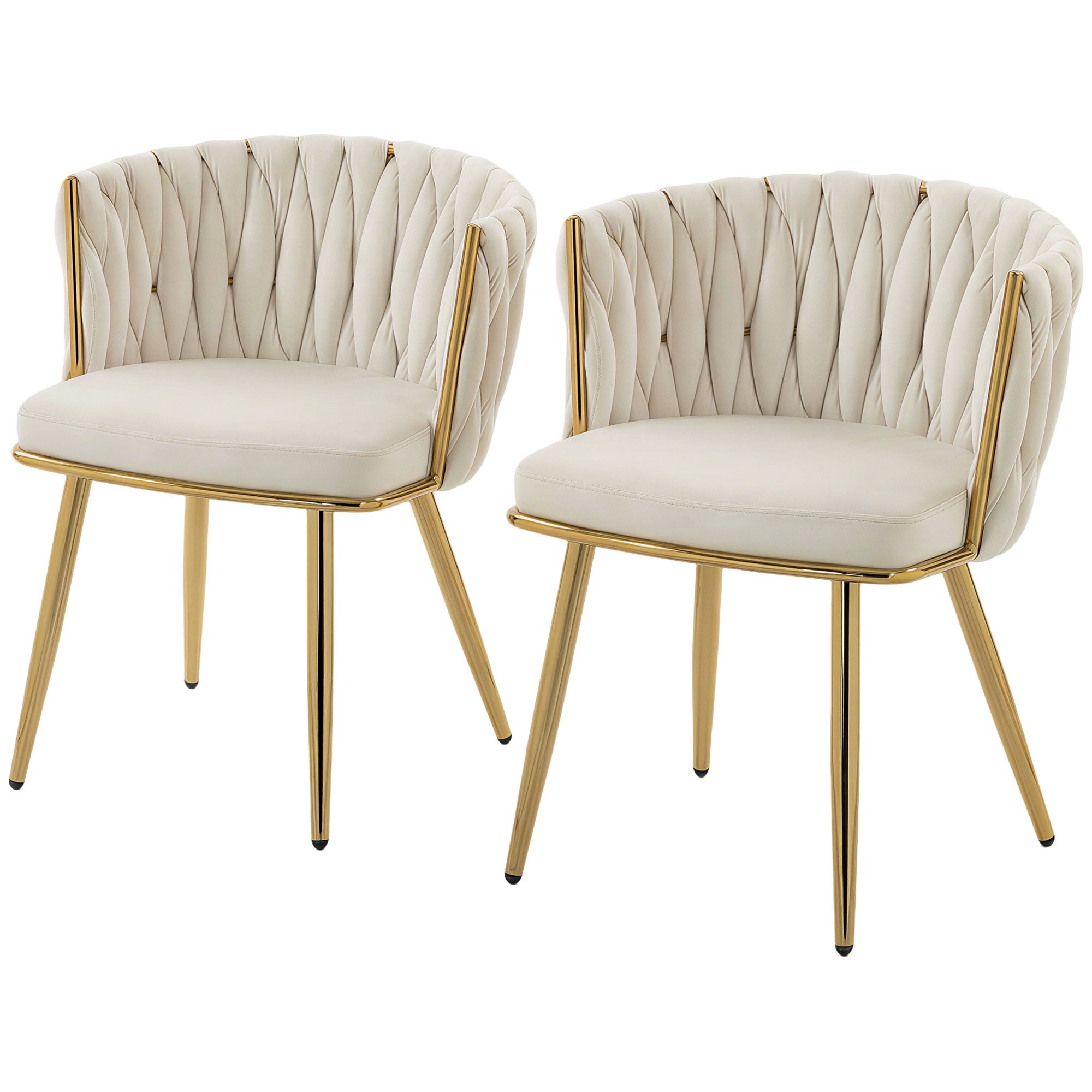 Velvet-Feel Dining Chairs Set of 2, Modern Upholstered Kitchen Chairs with Woven Backrest and Armrests, Metal Legs and Padded Seat for Dining Room, Bedroom, Living Room, Cream