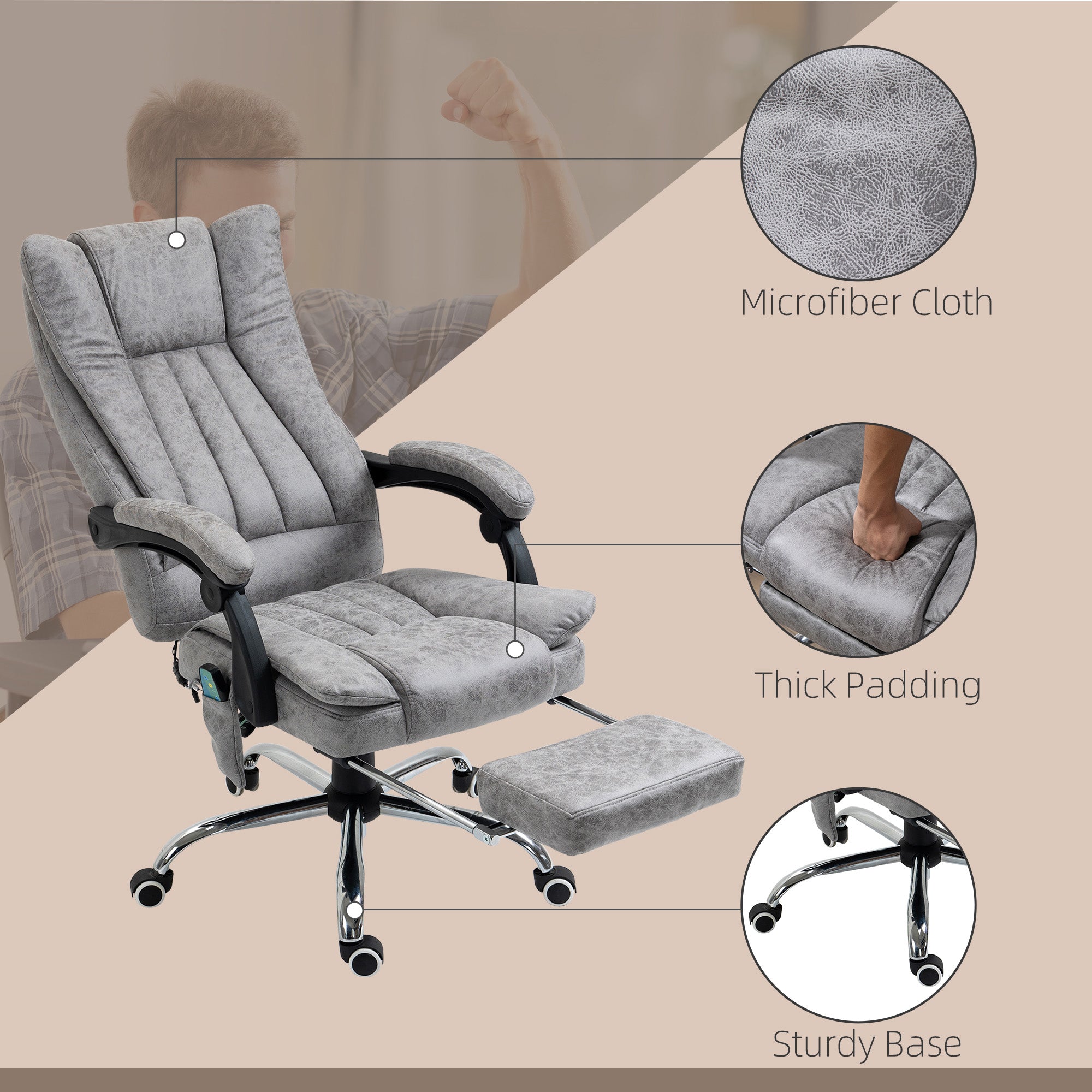 Vinsetto Executive Office Chair with Vibration Massage, Microfiber Reclining Computer Chair with Footrest, Adjustable Height, Swivel Wheels, Grey