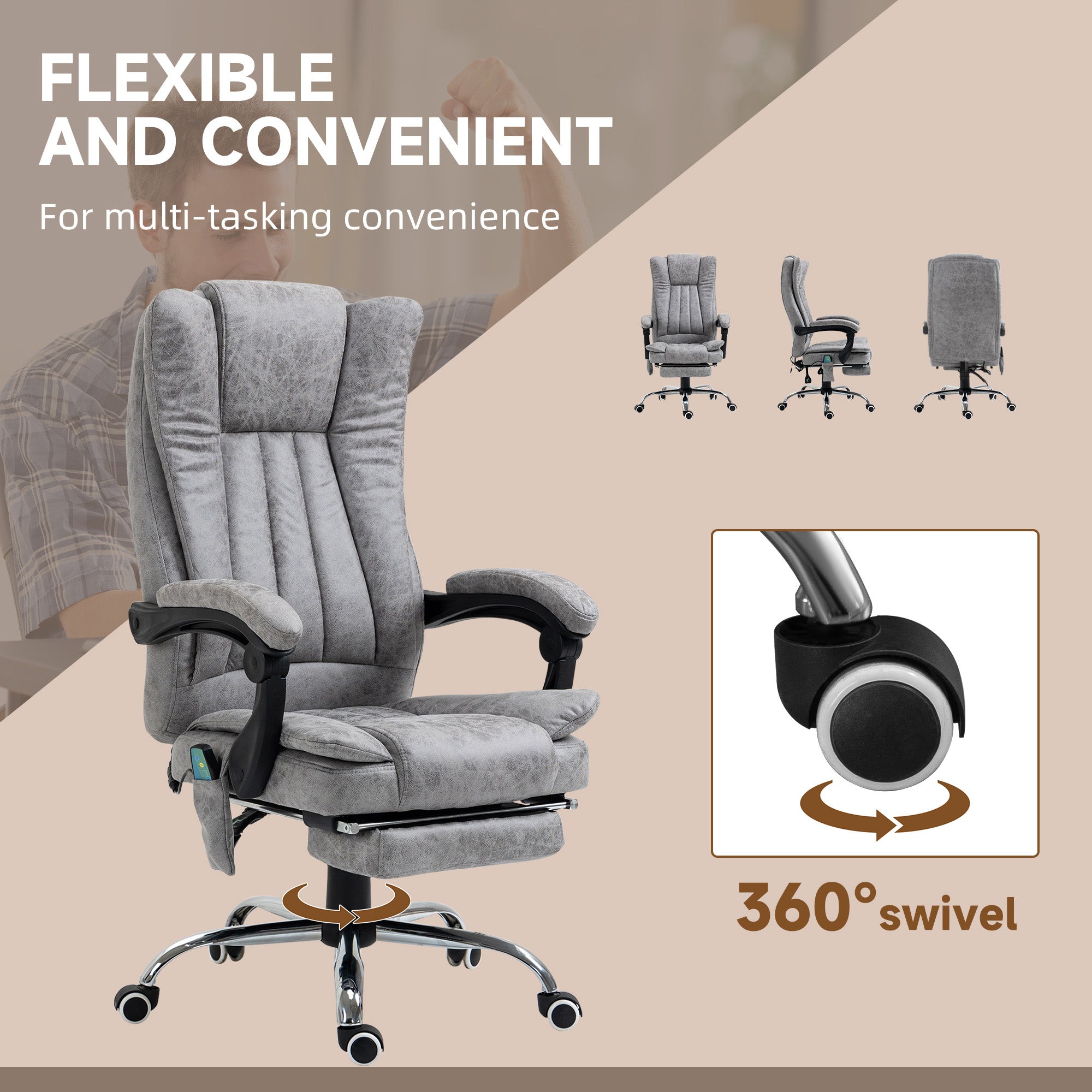 Vinsetto Executive Office Chair with Vibration Massage, Microfiber Reclining Computer Chair with Footrest, Adjustable Height, Swivel Wheels, Grey