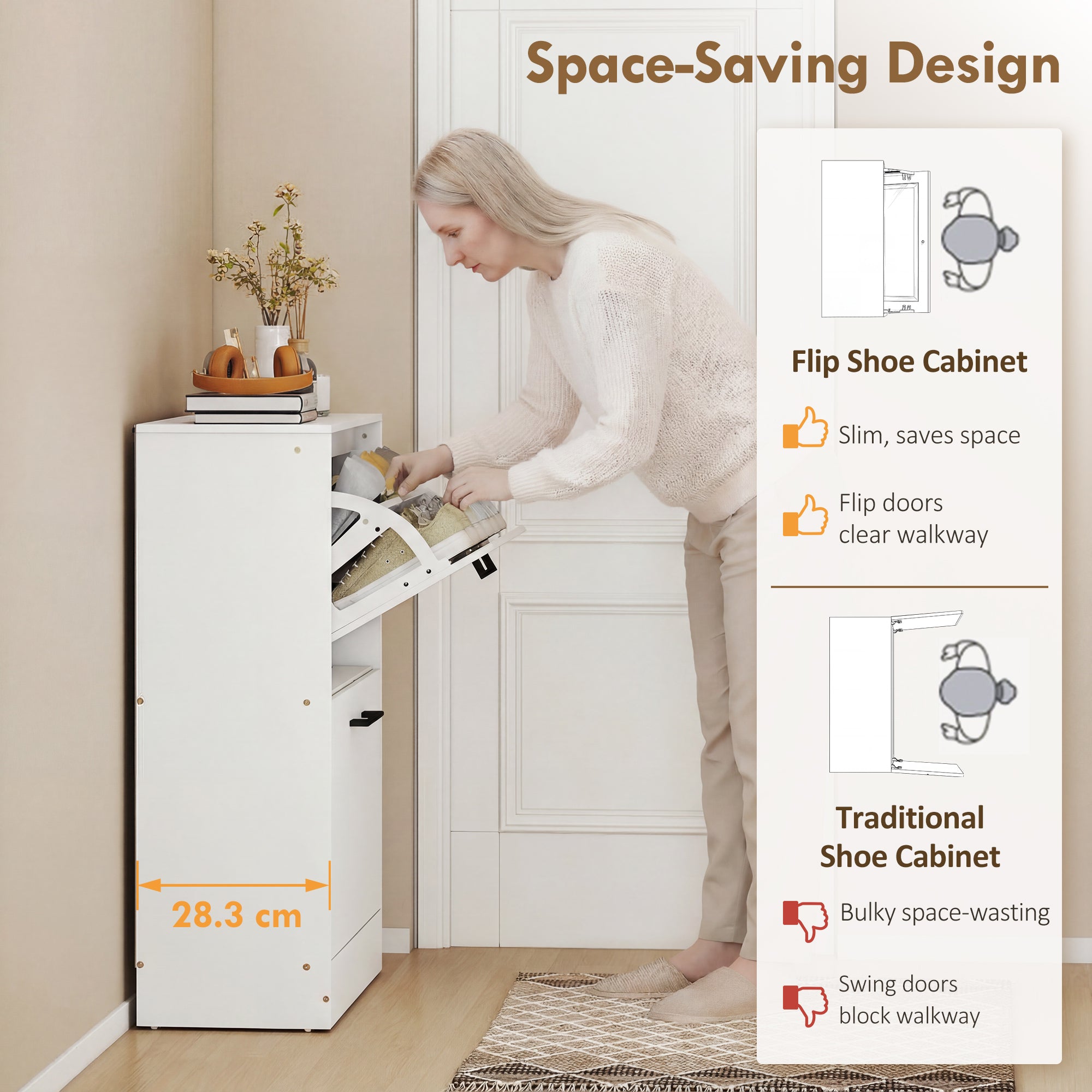 Shoe Cabinet with 2 Flip Drawers, Modern Narrow Shoe Storage Cabinet with Adjustable Dividers, Entryway Storage Unit for up to 12 Pairs for Hallway, Living Room, White