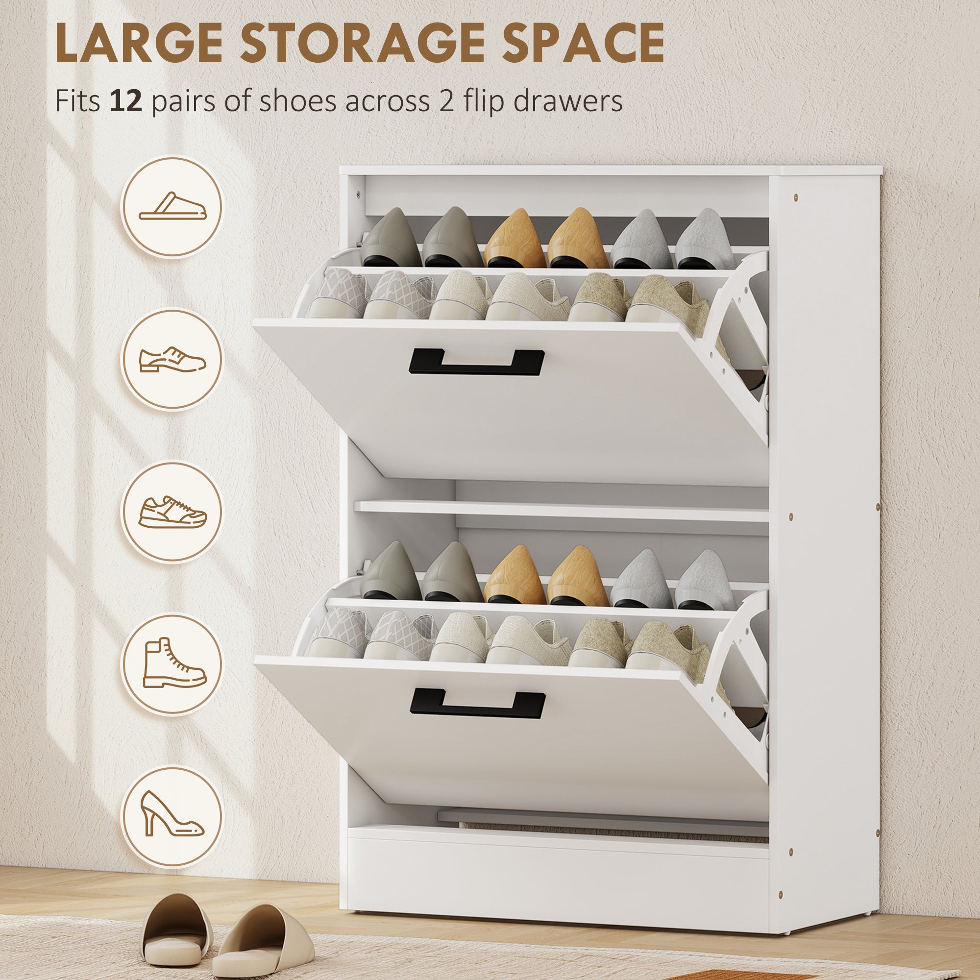 Shoe Cabinet with 2 Flip Drawers, Modern Narrow Shoe Storage Cabinet with Adjustable Dividers, Entryway Storage Unit for up to 12 Pairs for Hallway, Living Room, White