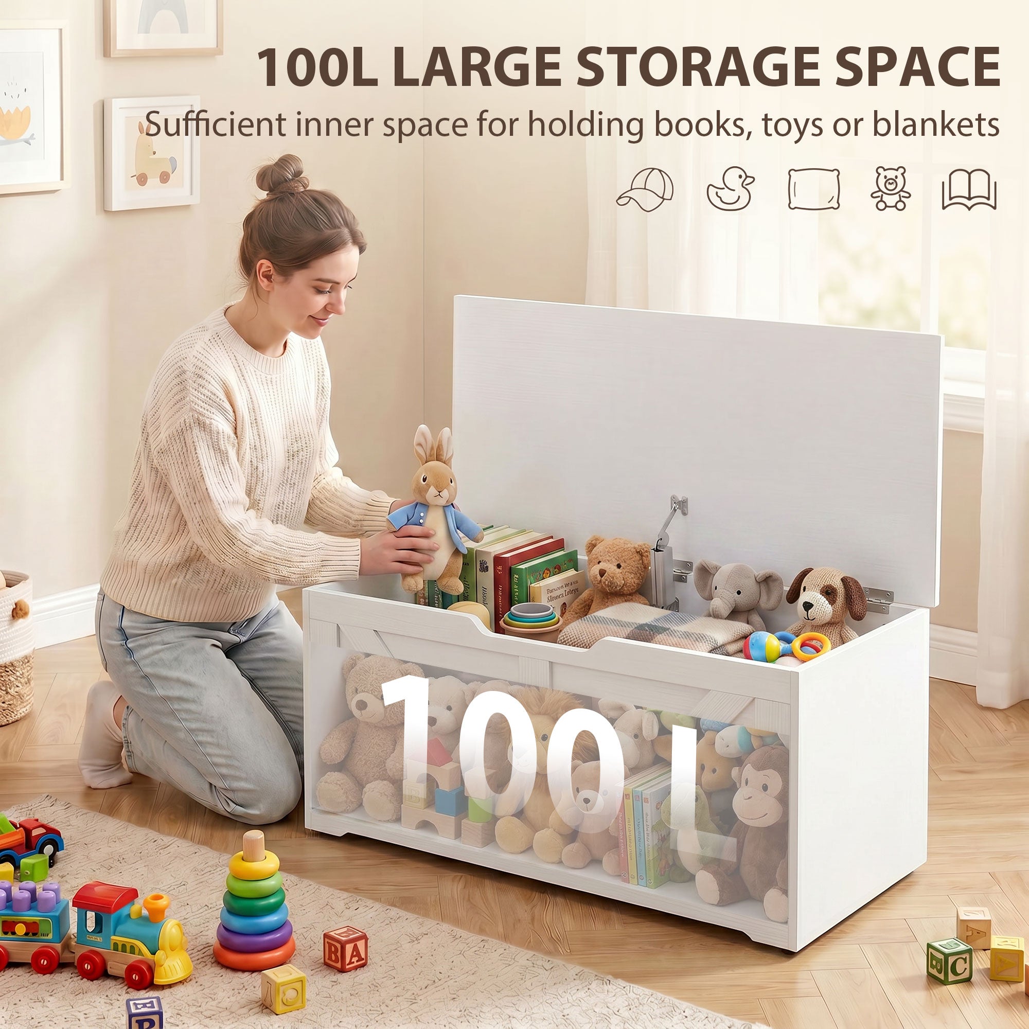 100L Storage Chest, Shoe Storage Trunk Bench Box with Safety Hinge and U-shaped Cut-out Pull, Blanket Box Ottoman for Bedroom, Living Room, Entryway, 80 x 40 x 45 cm, White Wood-Effect