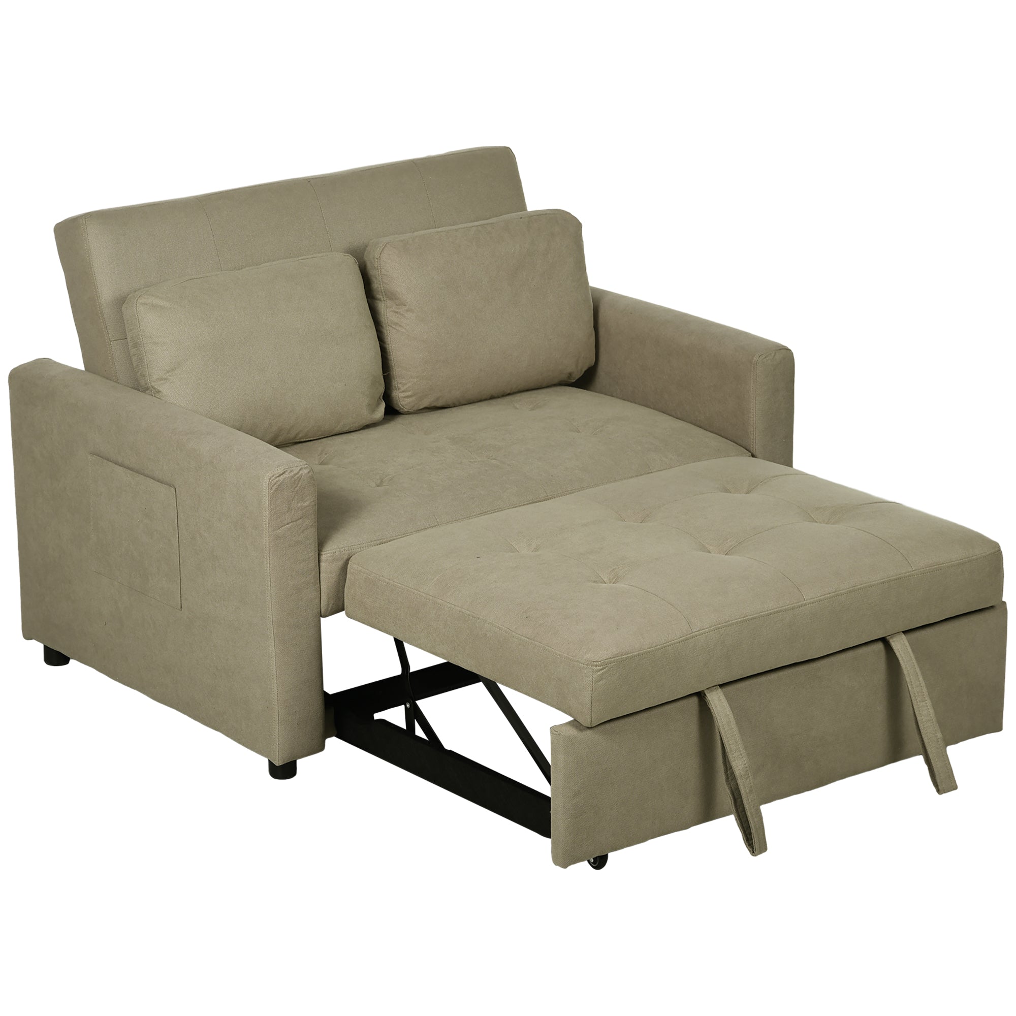 HOMCOM 2 Seater Sofa Bed, Convertible Bed Settee, Modern Fabric Loveseat Sofa Couch with 2 Cushions, Side Pockets for Living Room, Guest Room, Light Brown