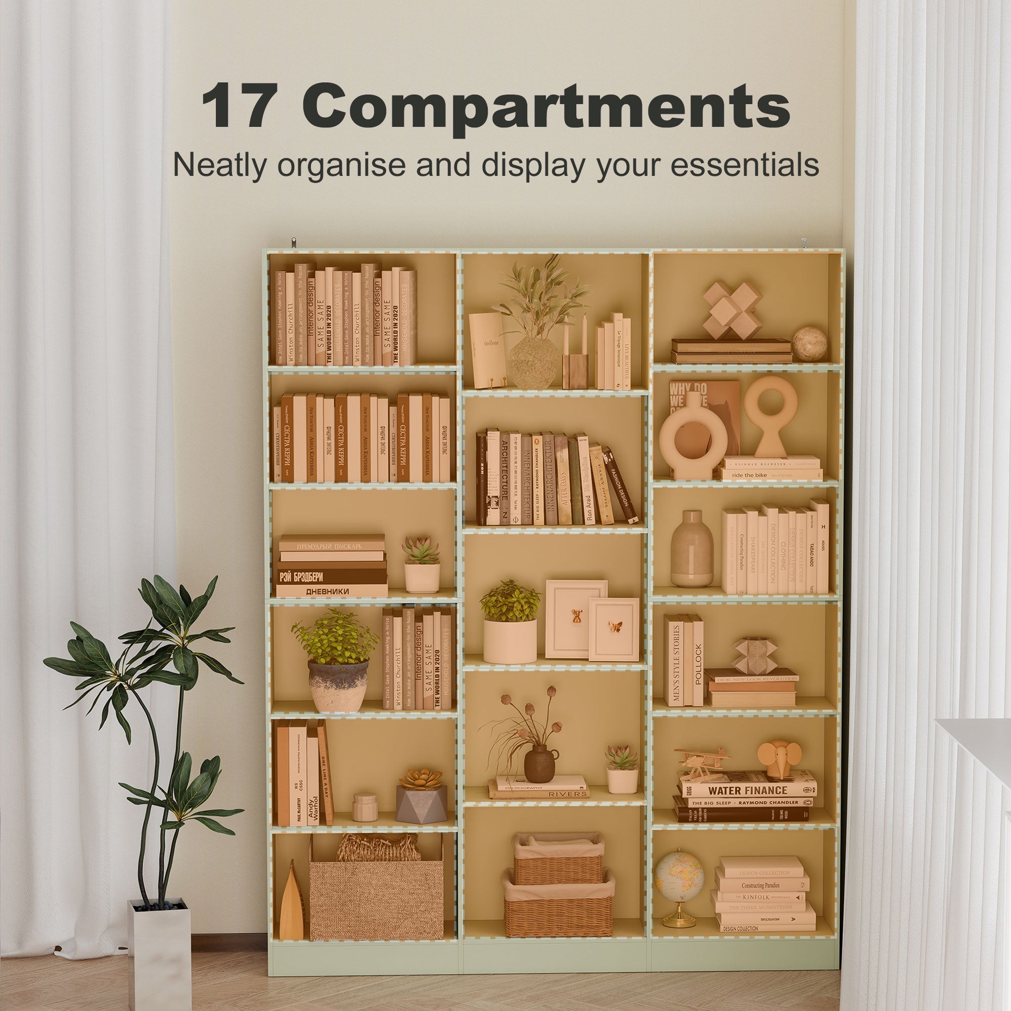 Bookcase with 17 Compartments, 6-Tier Tall Bookshelf with 17 Cubes, Adjustable Shelves, Freestanding Shelving Unit Display Shelf for Home Office, Living Room, 149 x 23.6 x 188 cm, Light Green