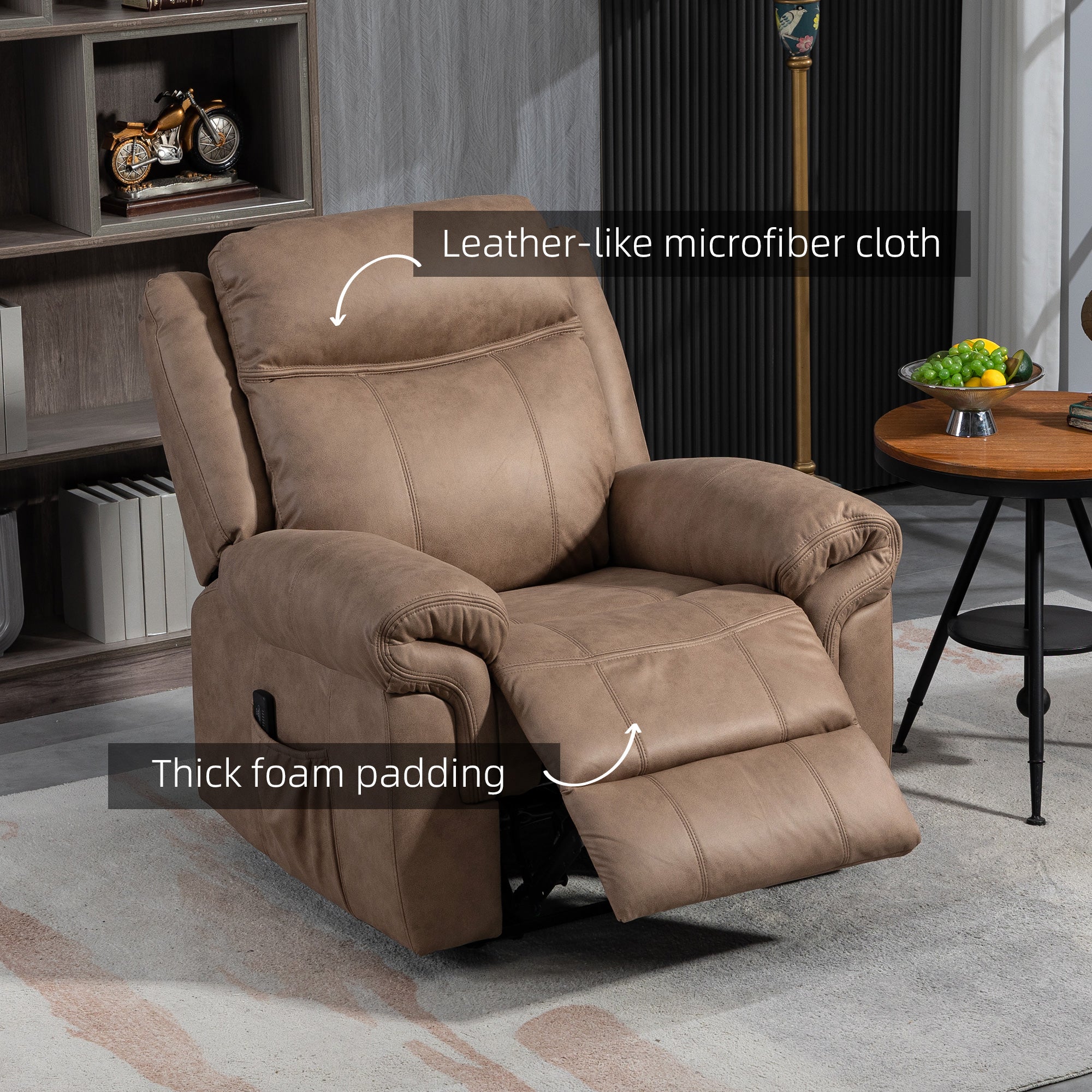 HOMCOM Vibration Massage Recliner Chair, Manual Microfibre Reclining Chair for Living Room with Side Pockets, Footrest, Remote, Easy Assembly, Light Brown