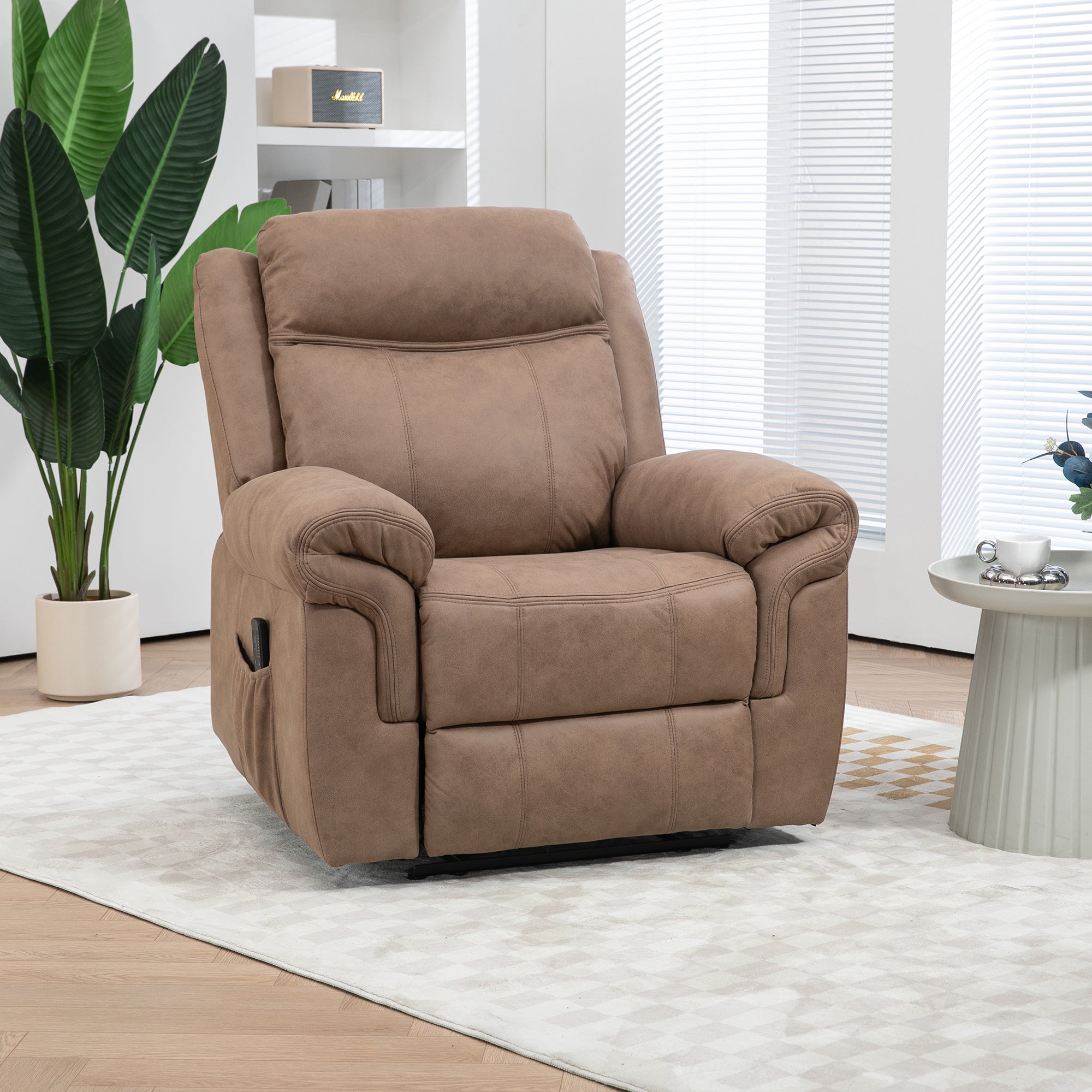 HOMCOM Vibration Massage Recliner Chair, Manual Microfibre Reclining Chair for Living Room with Side Pockets, Footrest, Remote, Easy Assembly, Light Brown