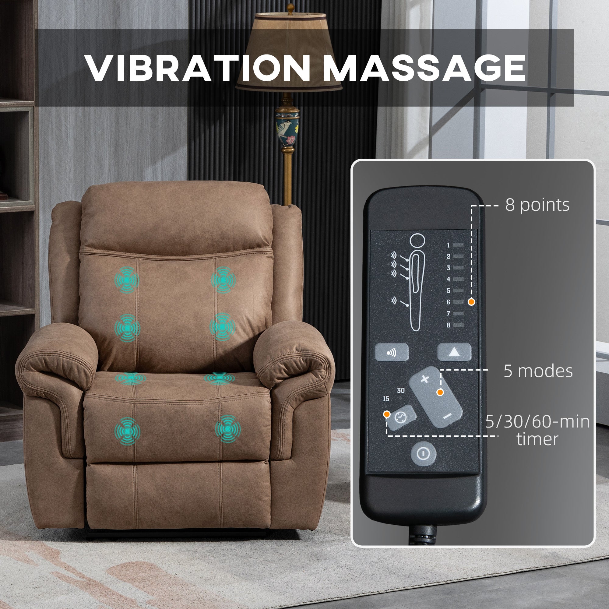 HOMCOM Vibration Massage Recliner Chair, Manual Microfibre Reclining Chair for Living Room with Side Pockets, Footrest, Remote, Easy Assembly, Light Brown