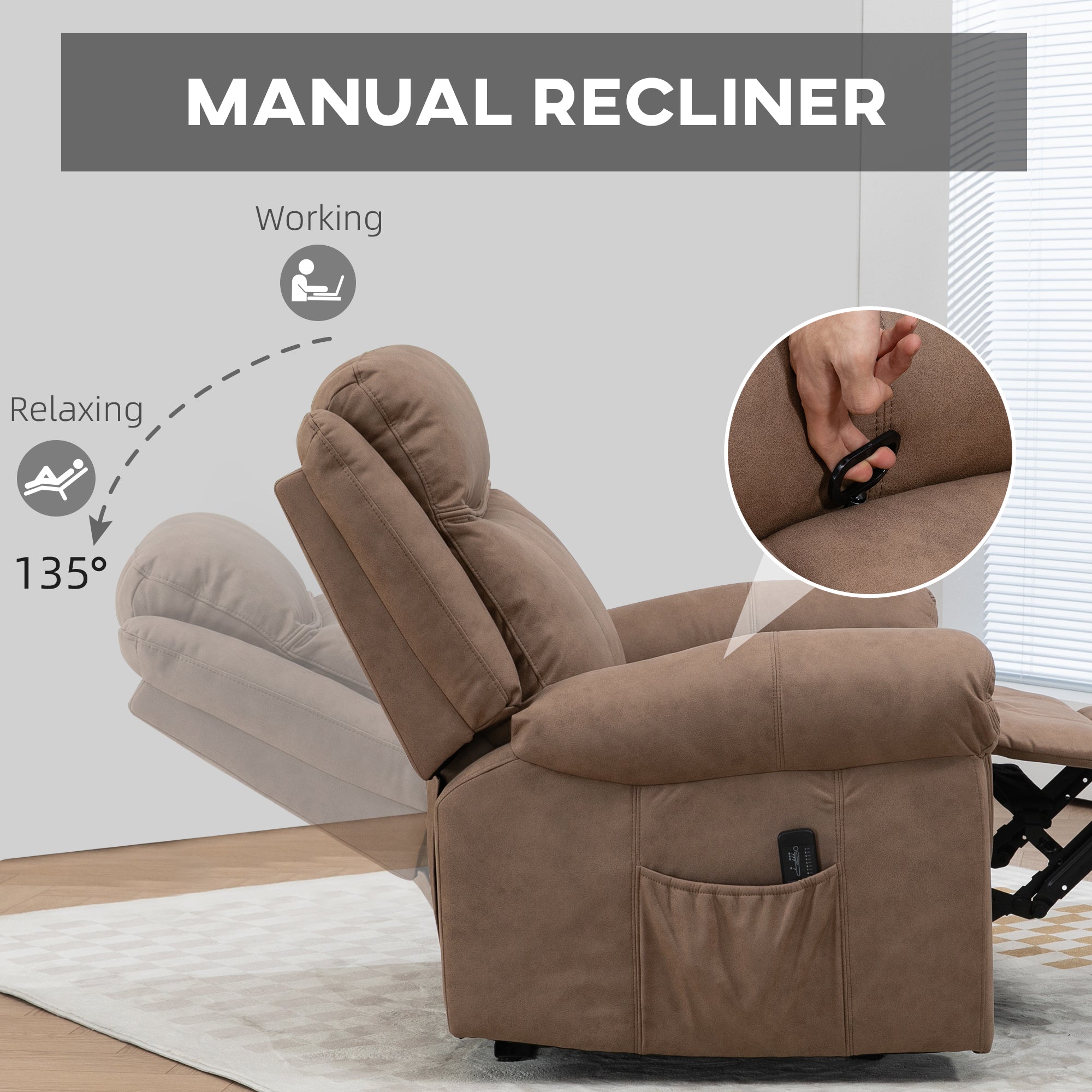 HOMCOM Vibration Massage Recliner Chair, Manual Microfibre Reclining Chair for Living Room with Side Pockets, Footrest, Remote, Easy Assembly, Light Brown