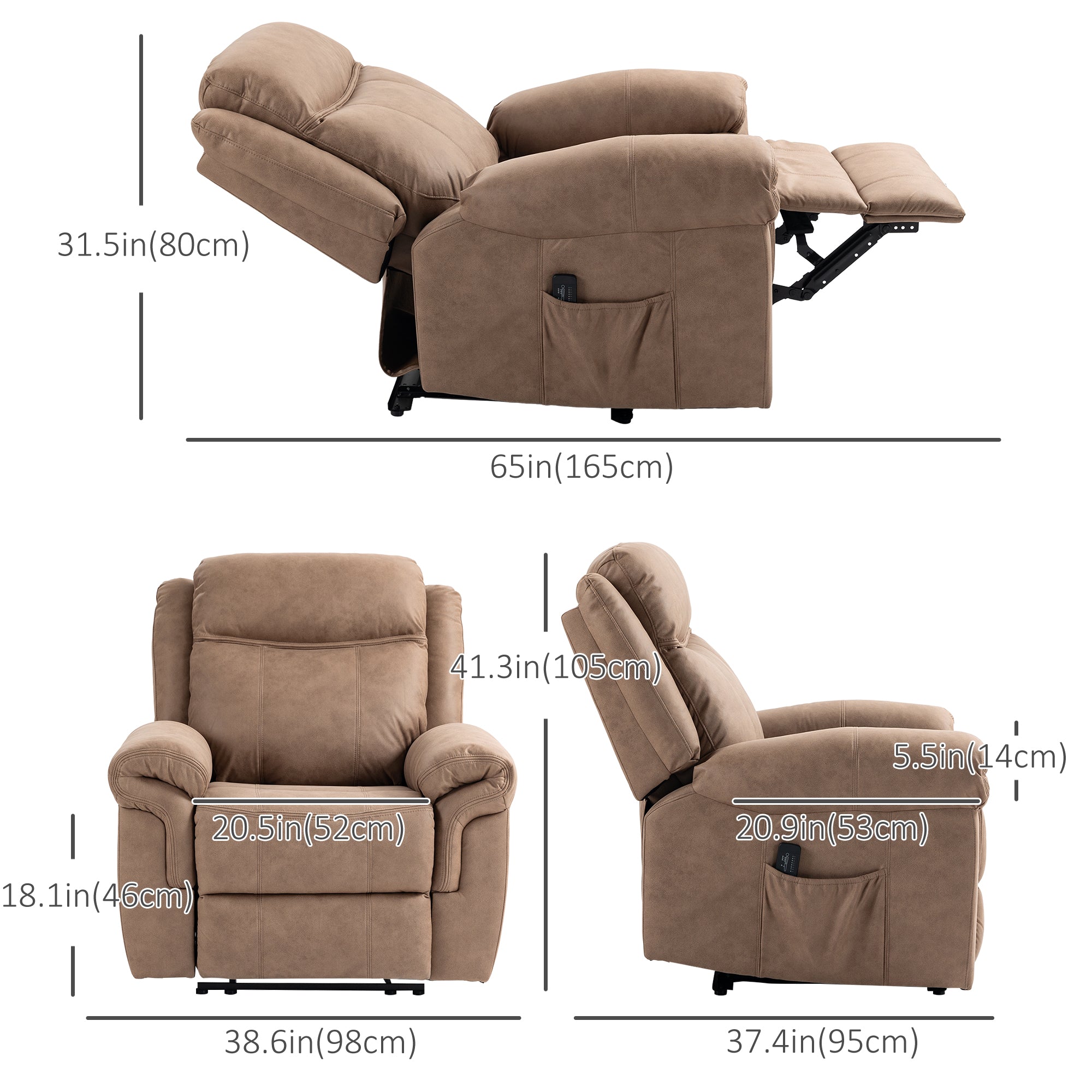 HOMCOM Vibration Massage Recliner Chair, Manual Microfibre Reclining Chair for Living Room with Side Pockets, Footrest, Remote, Easy Assembly, Light Brown