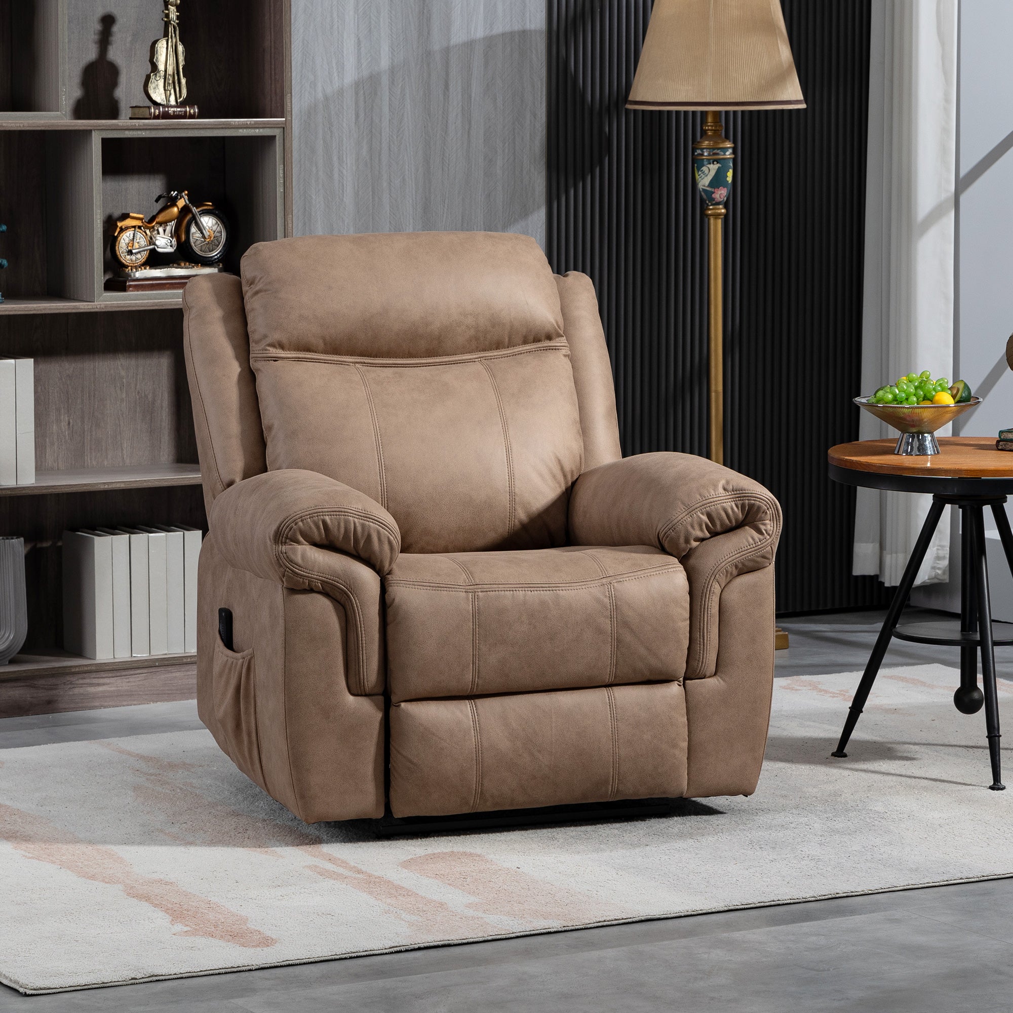 HOMCOM Vibration Massage Recliner Chair, Manual Microfibre Reclining Chair for Living Room with Side Pockets, Footrest, Remote, Easy Assembly, Light Brown