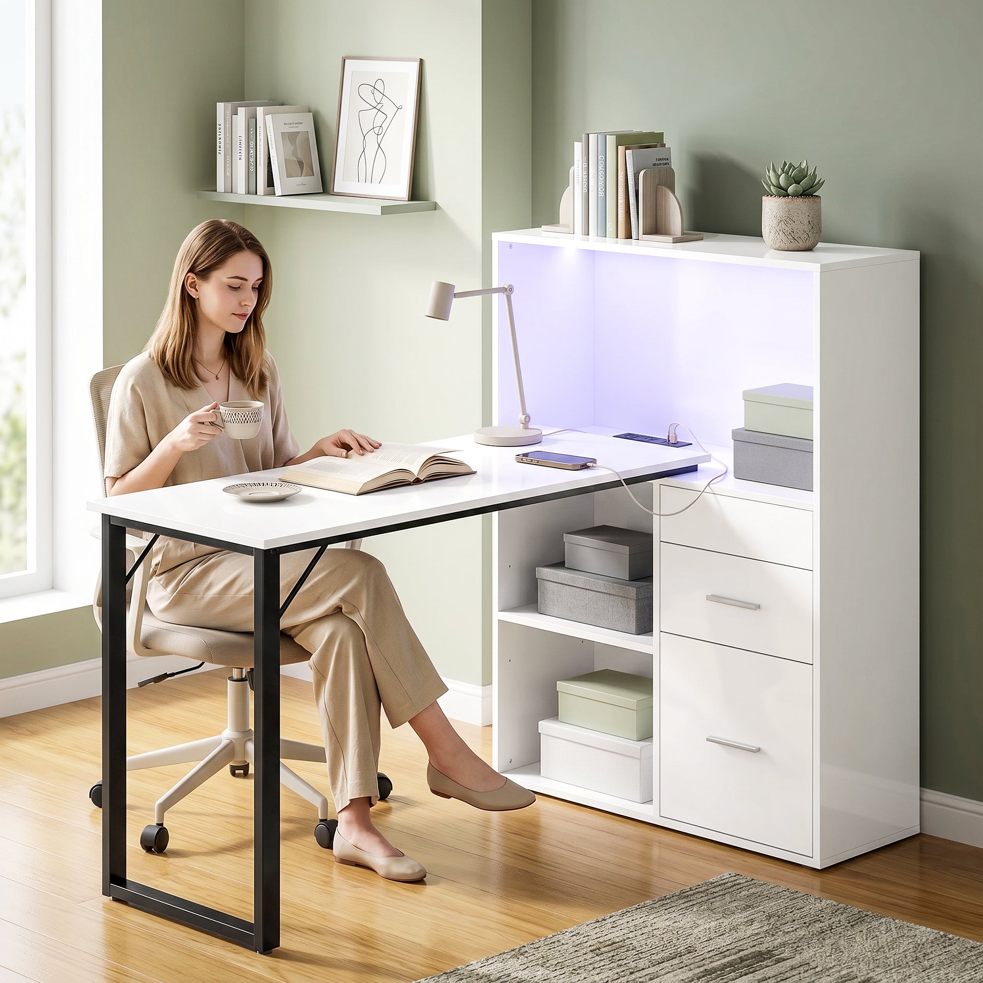 54" Computer Desk with Drawers, Home Office Desk with Power Outlets and LED Lights, Writing Table with File Drawer and Open Shelves for Bedroom, White