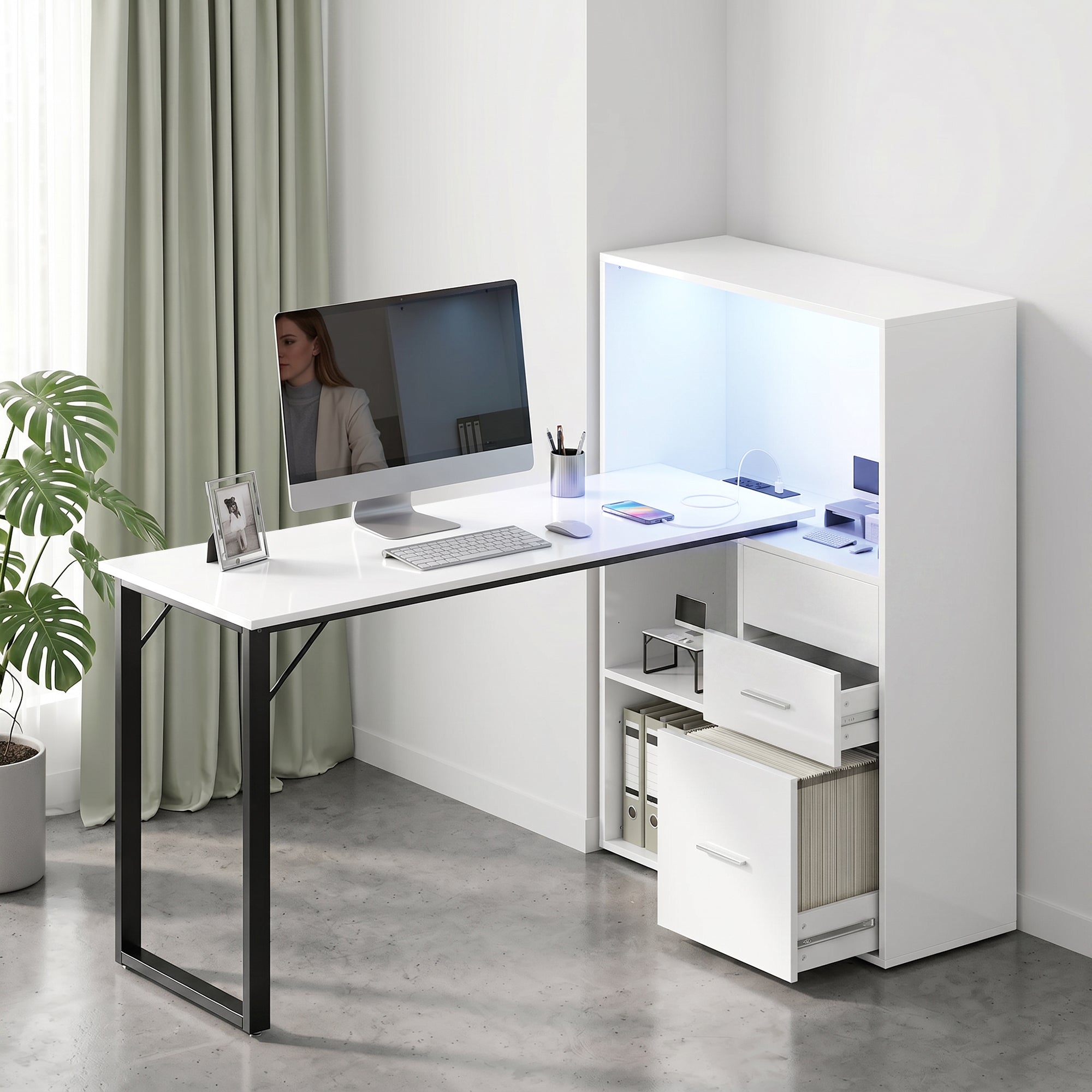 54" Computer Desk with Drawers, Home Office Desk with Power Outlets and LED Lights, Writing Table with File Drawer and Open Shelves for Bedroom, White