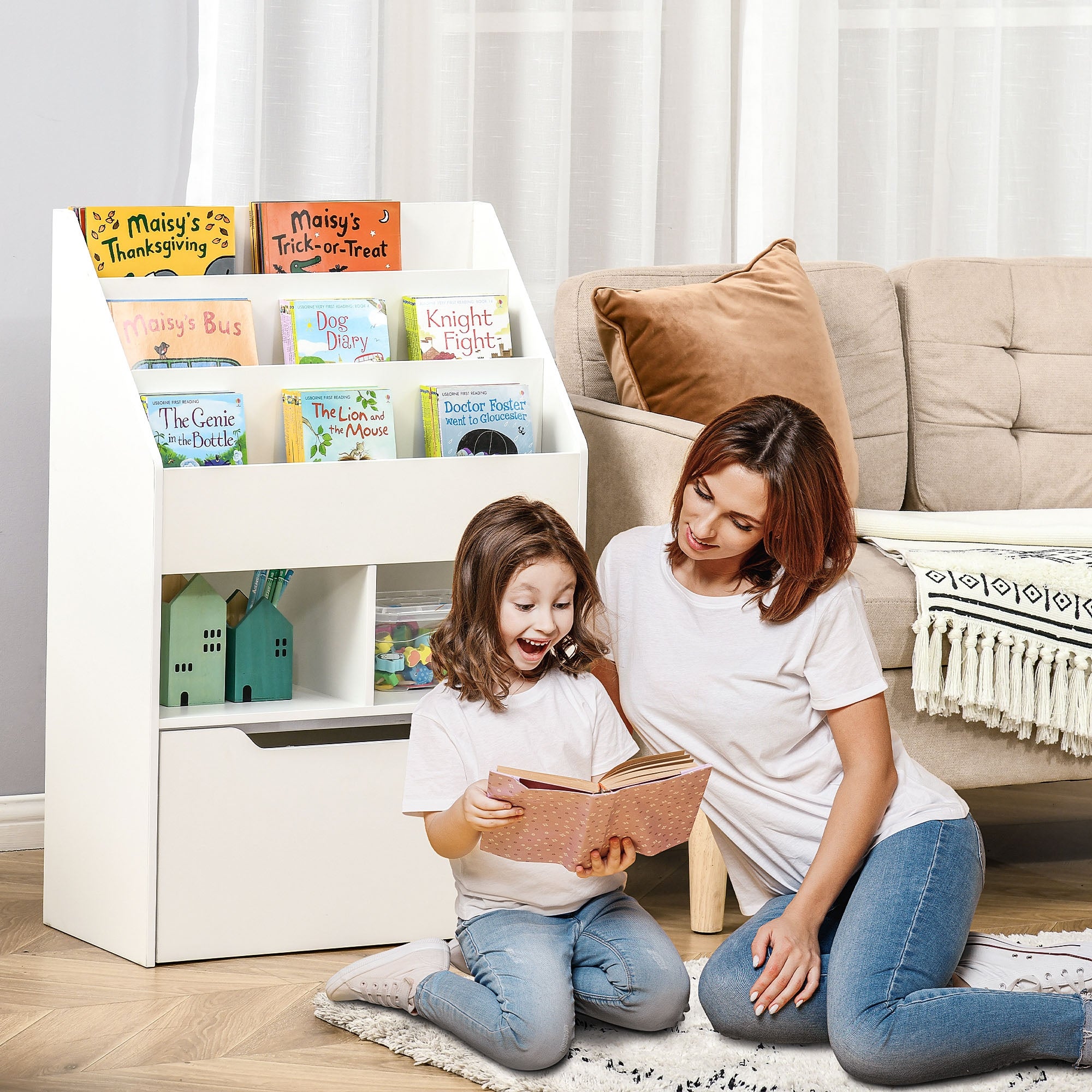 Kids Bookcase Multi-Shelf Book Rack with Mobile Drawer for Books, Toys, White