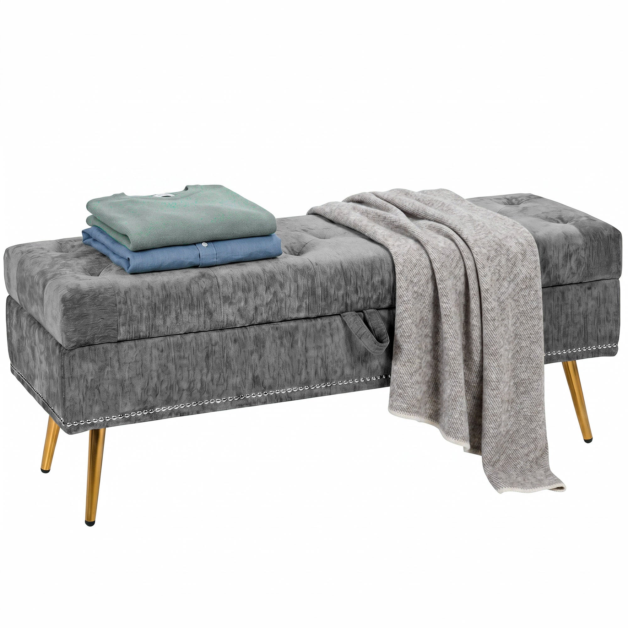 Storage Ottoman, Chenille Upholstered Ottoman Storage Box with Padded Seat, End of Bed Bench with Metal Legs for Bedroom, Hallway, Living Room, 114 x 41 x 45 cm, Grey