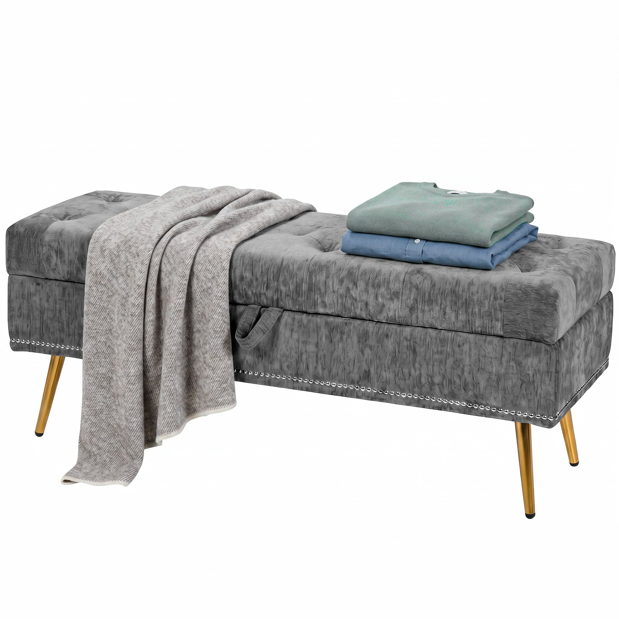 Storage Ottoman, Chenille Upholstered Ottoman Storage Box with Padded Seat, End of Bed Bench with Metal Legs for Bedroom, Hallway, Living Room, 114 x 41 x 45 cm, Grey