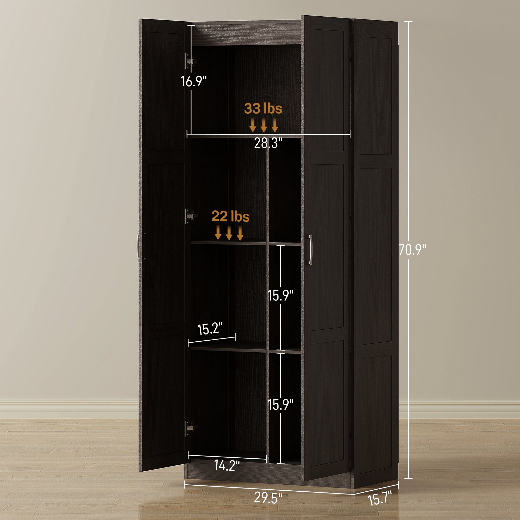 71" Tall Kitchen Pantry Cabinet with Soft-Close Hinges, Modern Farmhouse Freestanding Pantry Storage Cabinet with 2 Framed Doors, 4 Adjustable Shelves, Dark Brown