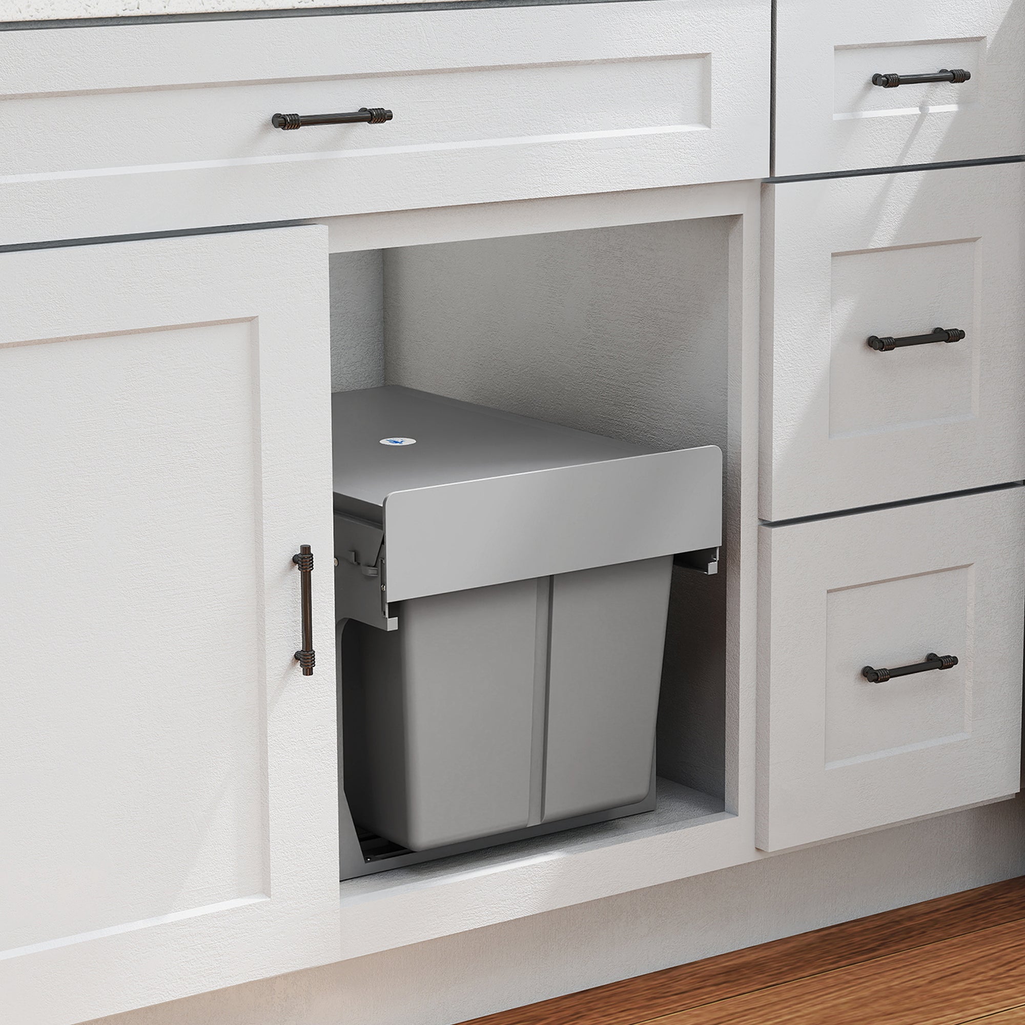 30L Pull Out Bin - 2 Compartments (15L Each), Soft Close Under Sink Bin with Removable Buckets for 400mm Cabinets, Kitchen Waste and Recycling, Base Mounted, Light Grey