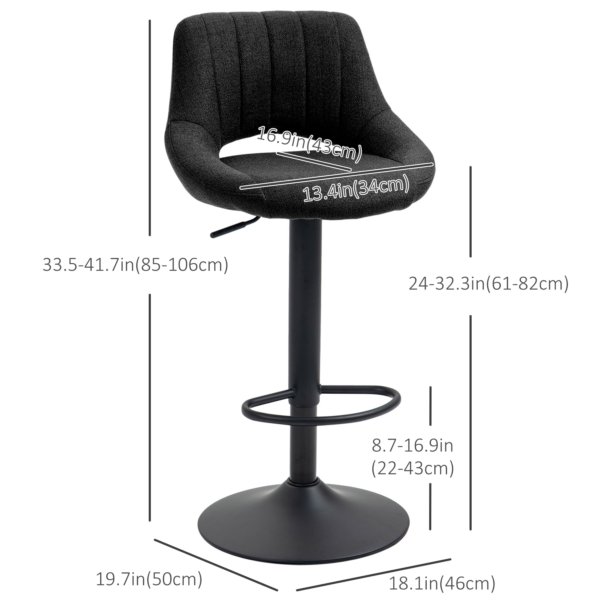 HOMCOM Bar Stools Set of 2, Swivel Counter Height Barstools with Adjustable Height, Linen Upholstered Bar Chairs with Round Metal Base and Footrest, Black