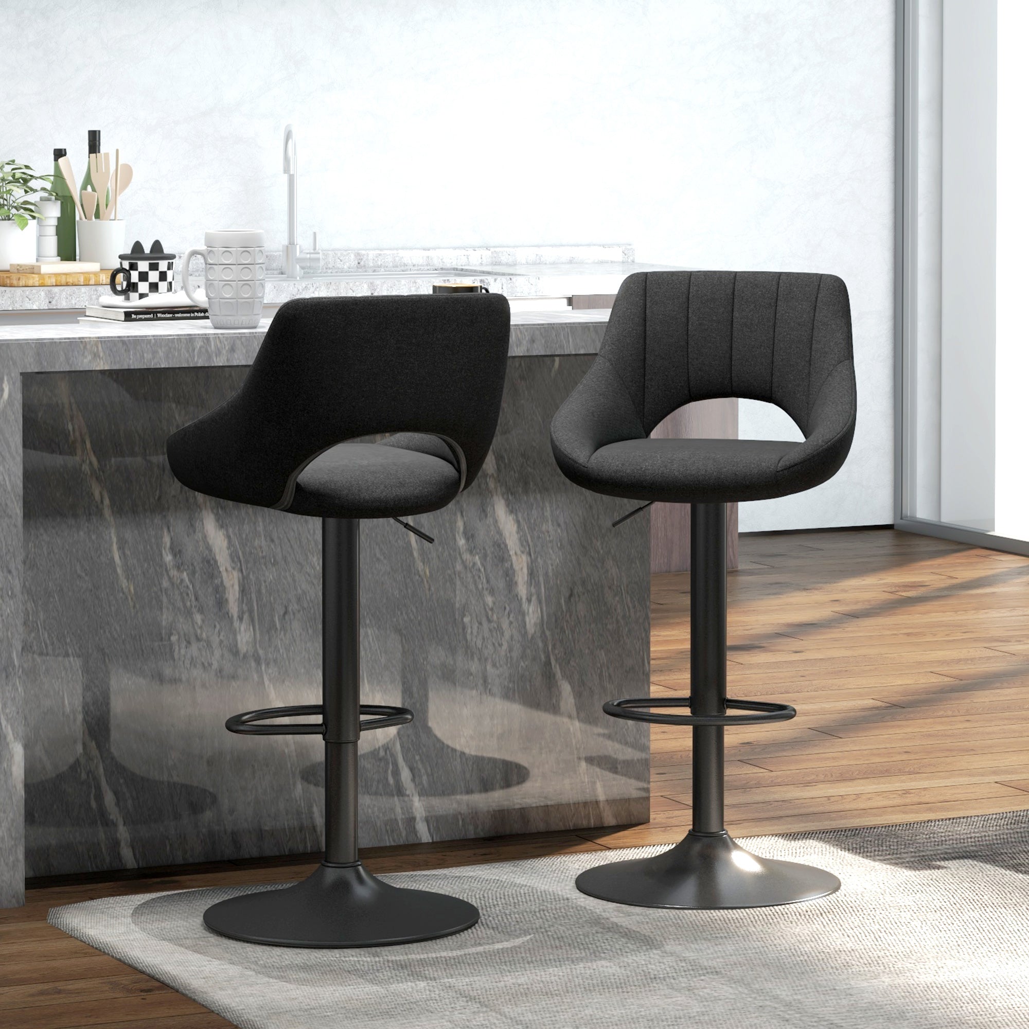 HOMCOM Bar Stools Set of 2, Swivel Counter Height Barstools with Adjustable Height, Linen Upholstered Bar Chairs with Round Metal Base and Footrest, Black