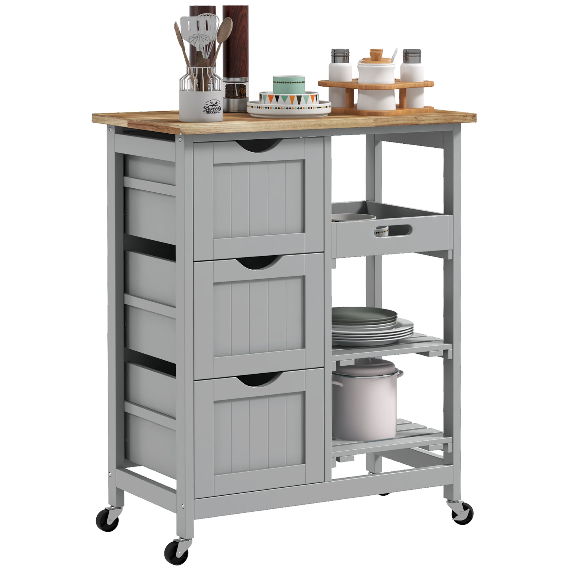 Rolling Kitchen Island Cart, Bar Serving Cart, Compact Trolley on Wheels with Wood Top, Shelves & Drawers for Home Dining Area, Grey