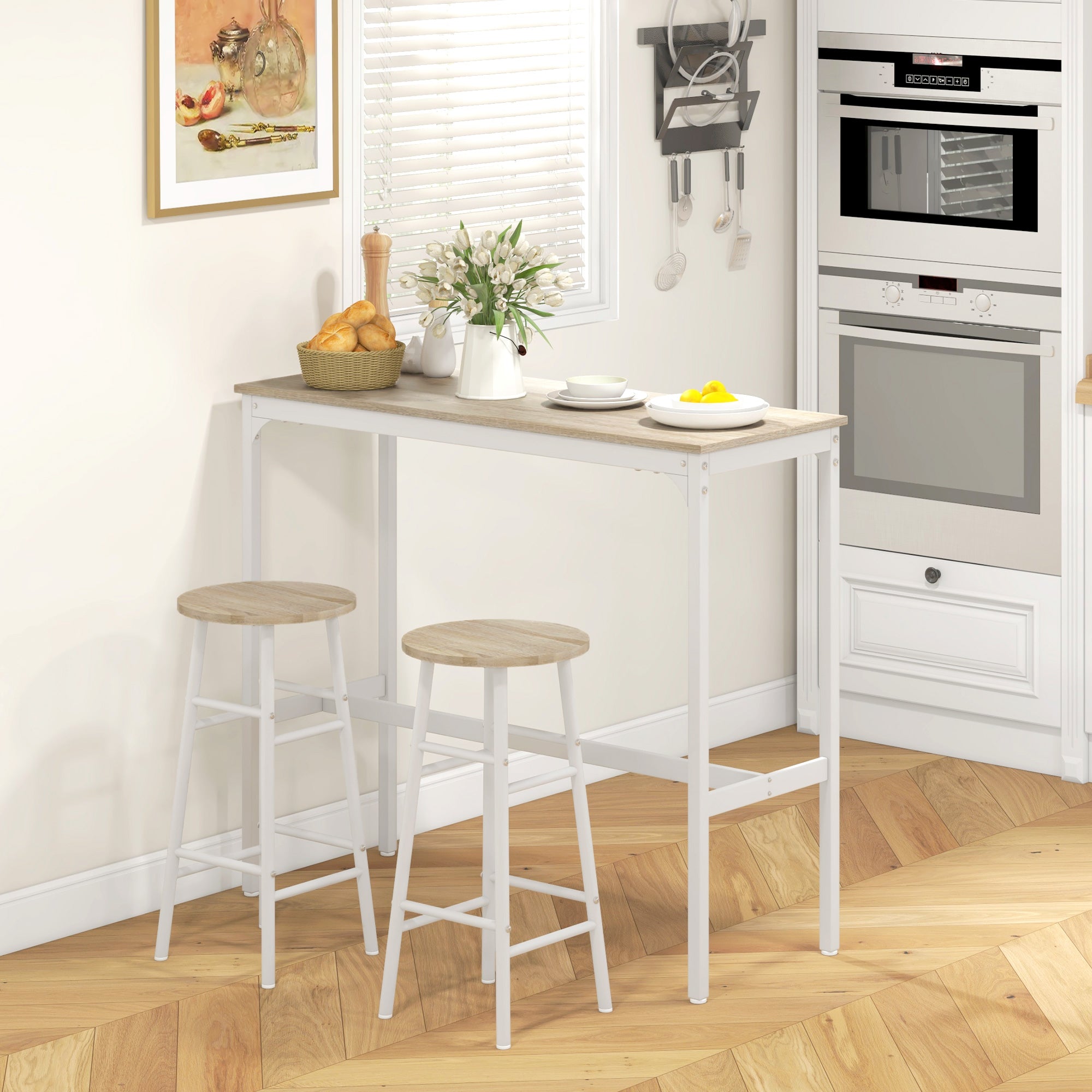 3 Piece Bar Table Set with 2 Stools, Industrial Bar Table and Stool Set, Dining Table and Chair Set for Small Space, Oak