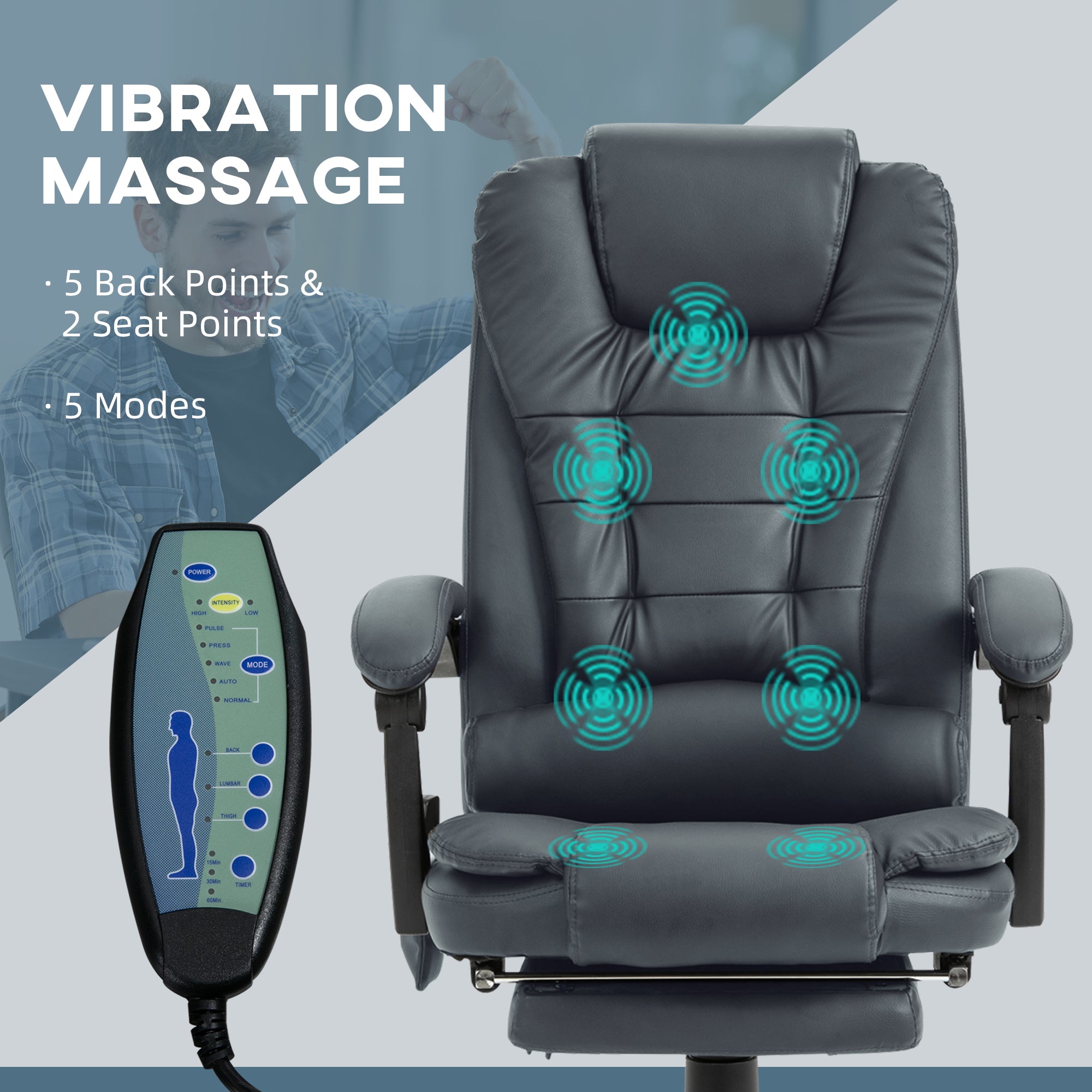 High Back Executive Office Chair with Vibration Massage Office Chair with Reclining Backrest Adjustable Height Blue