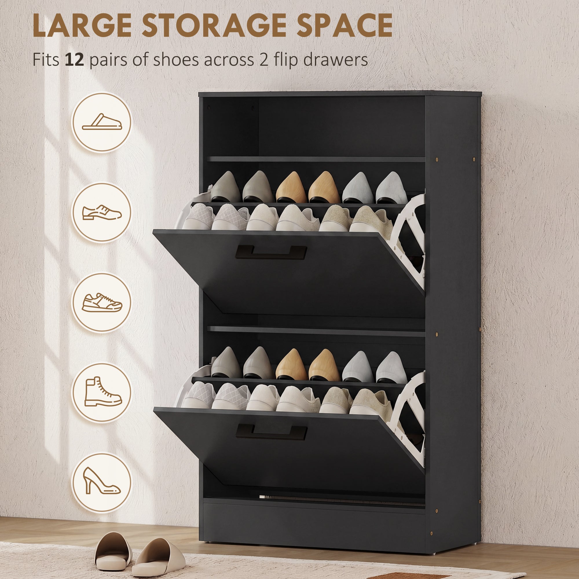 Shoe Cabinet with 2 Flip Drawers and Open Shelf, Narrow Shoe Storage Cabinet with Adjustable Dividers, Entryway Shoe Storage Unit for up to 12 Pairs for Hallway, Black