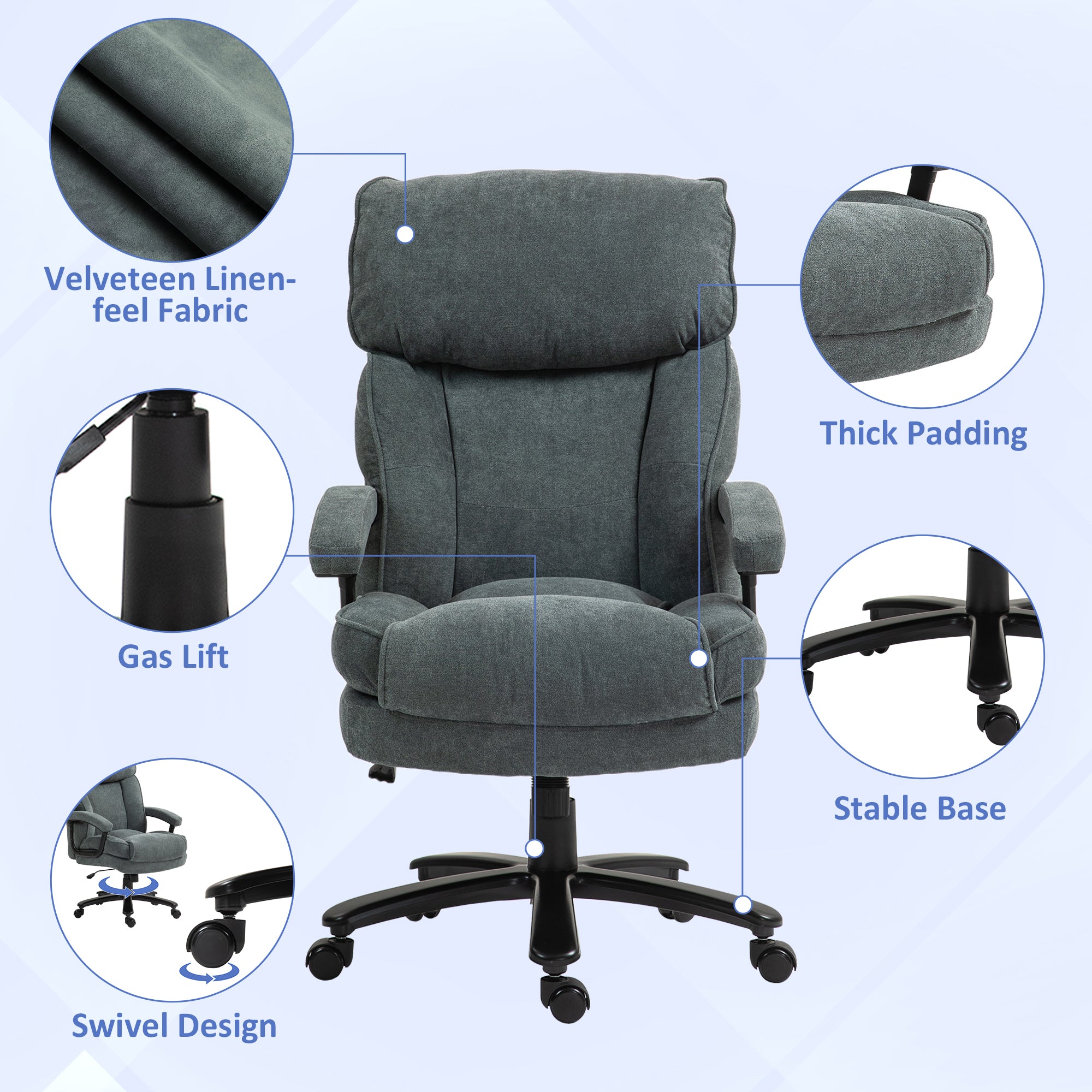 Big and Tall Office Chair, Up to 450 lbs. Overstuffed Executive Office Chair with Swivel Wheels, High Back for Heavy People, Grey