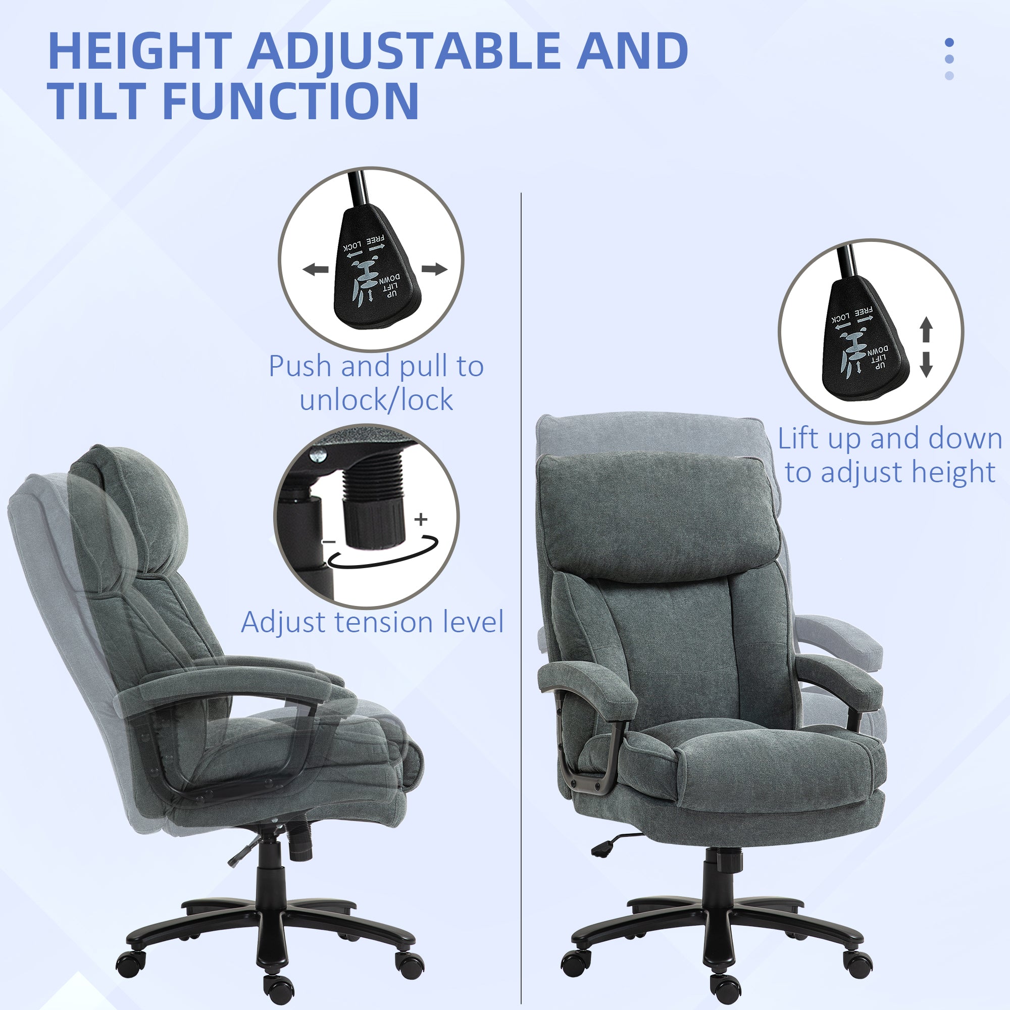 Big and Tall Office Chair, Up to 450 lbs. Overstuffed Executive Office Chair with Swivel Wheels, High Back for Heavy People, Grey