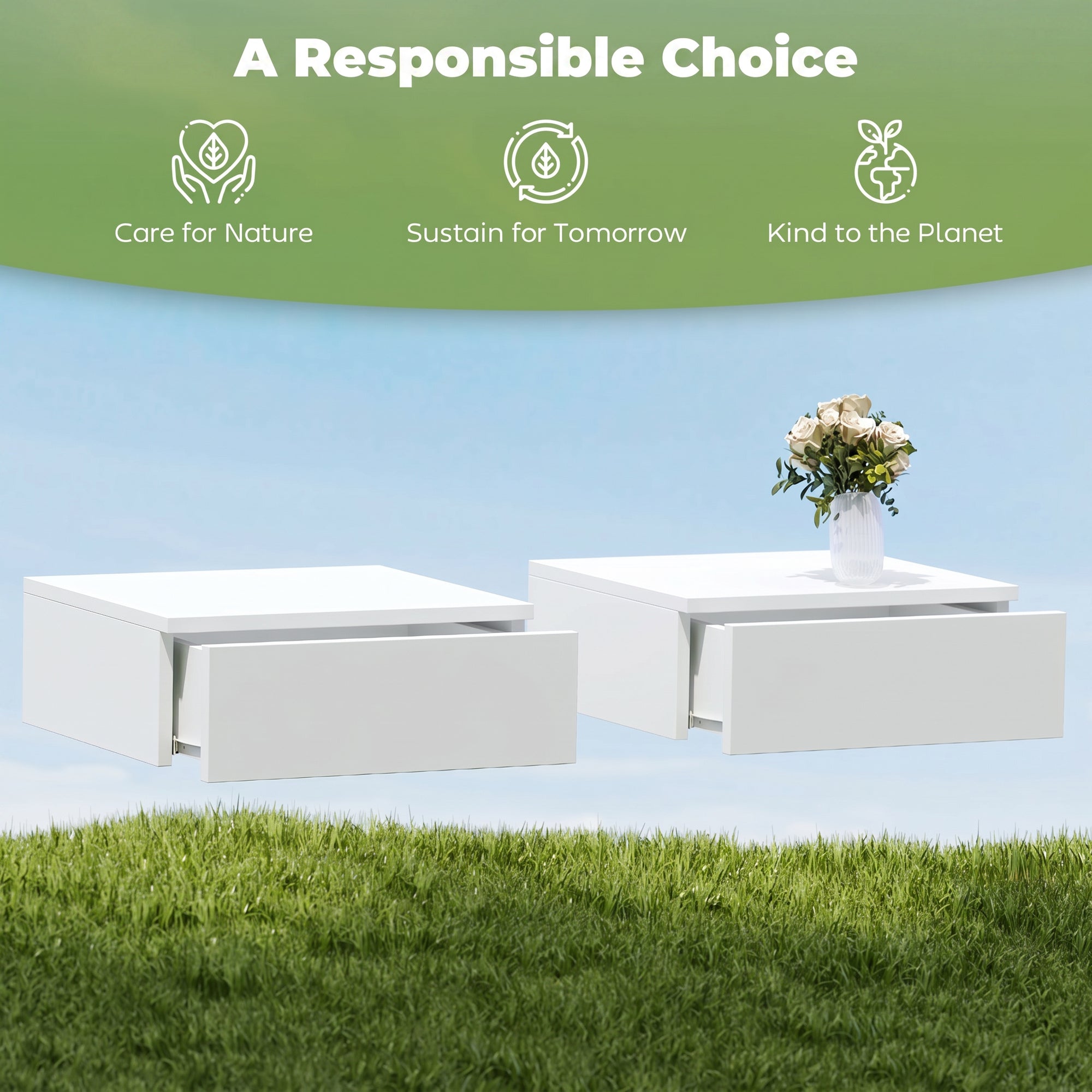 Floating Bedside Table Set of 2, Modern Wall-Mounted Nightstand with High Gloss Finish and Storage Drawer, Small Side End Table for Bedroom, White