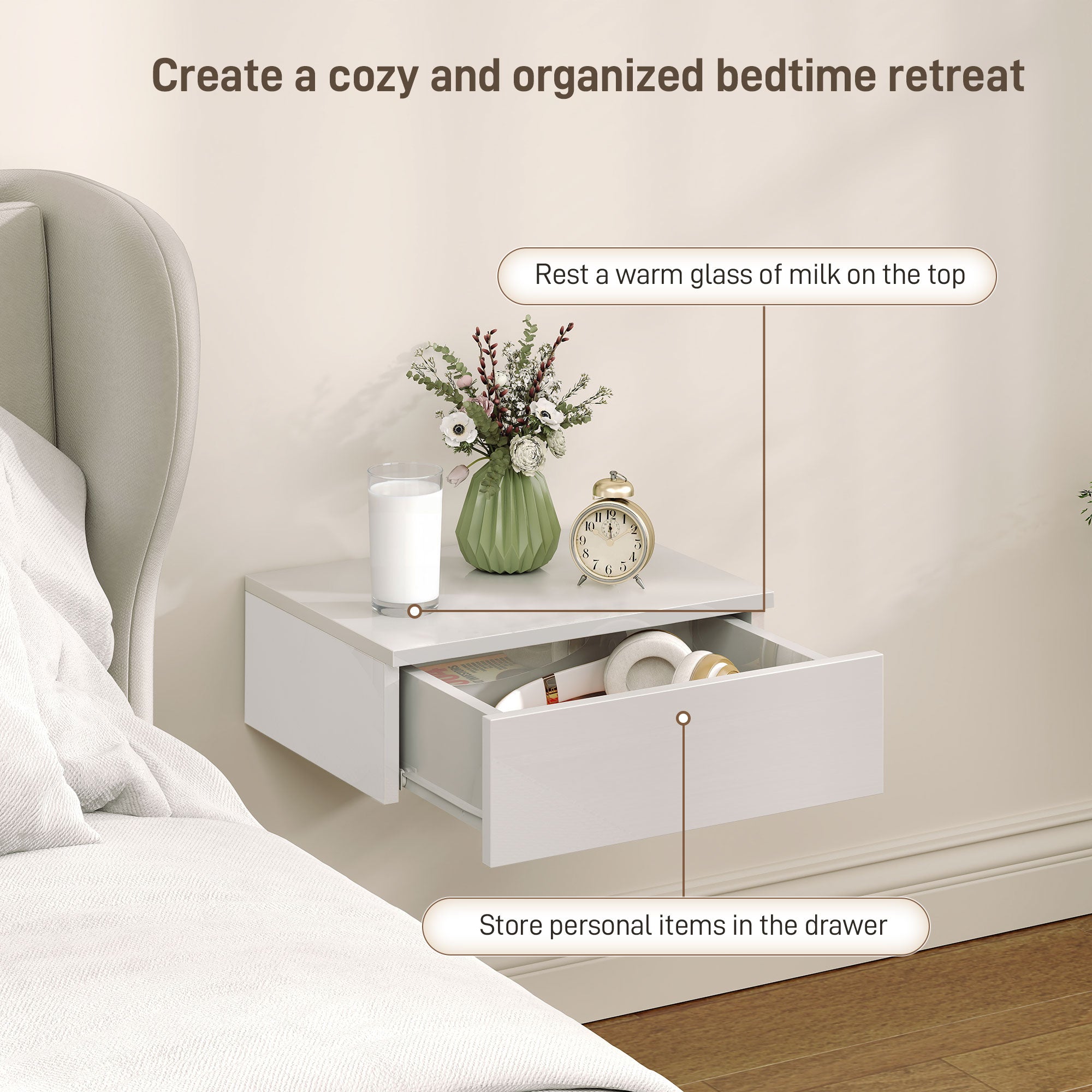 Floating Bedside Table Set of 2, Modern Wall-Mounted Nightstand with High Gloss Finish and Storage Drawer, Small Side End Table for Bedroom, White