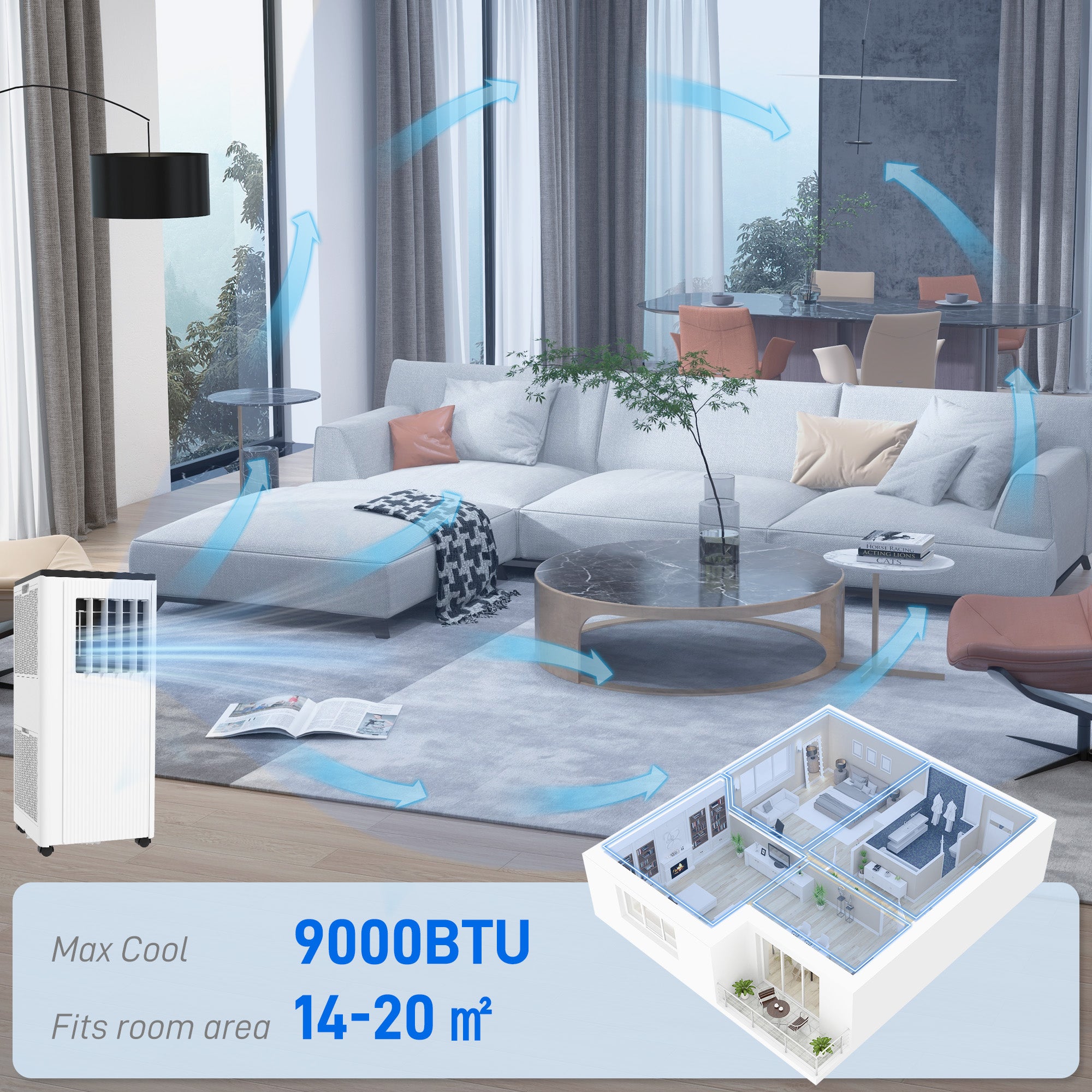 HOMCOM 9000 BTU Air Conditioning Unit, Smart Home WiFi App Compatible, 3-in-1 Portable Air Conditioner, Dehumidifier, Cooling Fan with 24H Timer, Remote, LED Display, 2 Speeds, Window Kit, 20m²