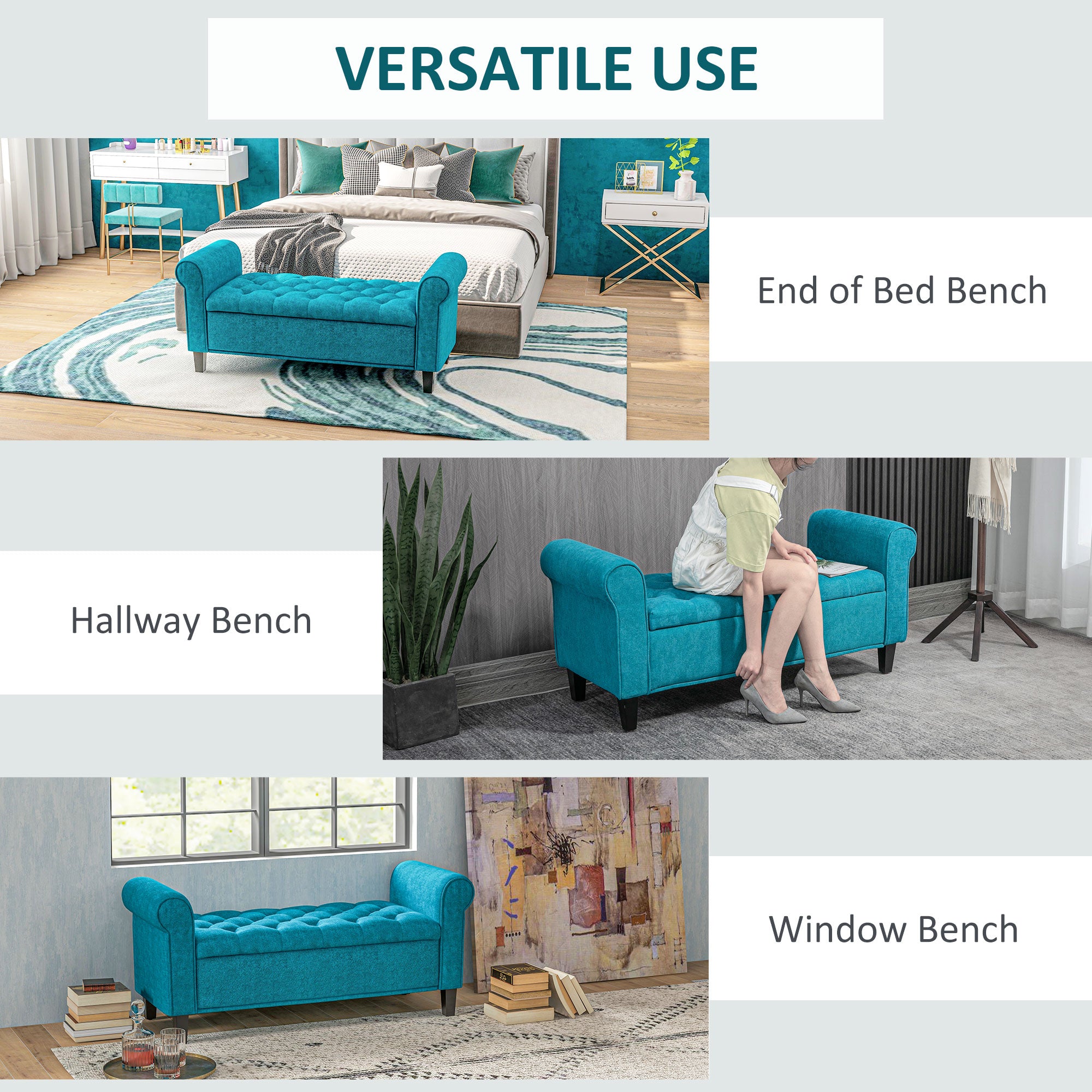 50 Inches Storage Ottoman, End of Bed Bench with Rolled Arms, Wood Legs, Button Tufted Storage Bench, Teal