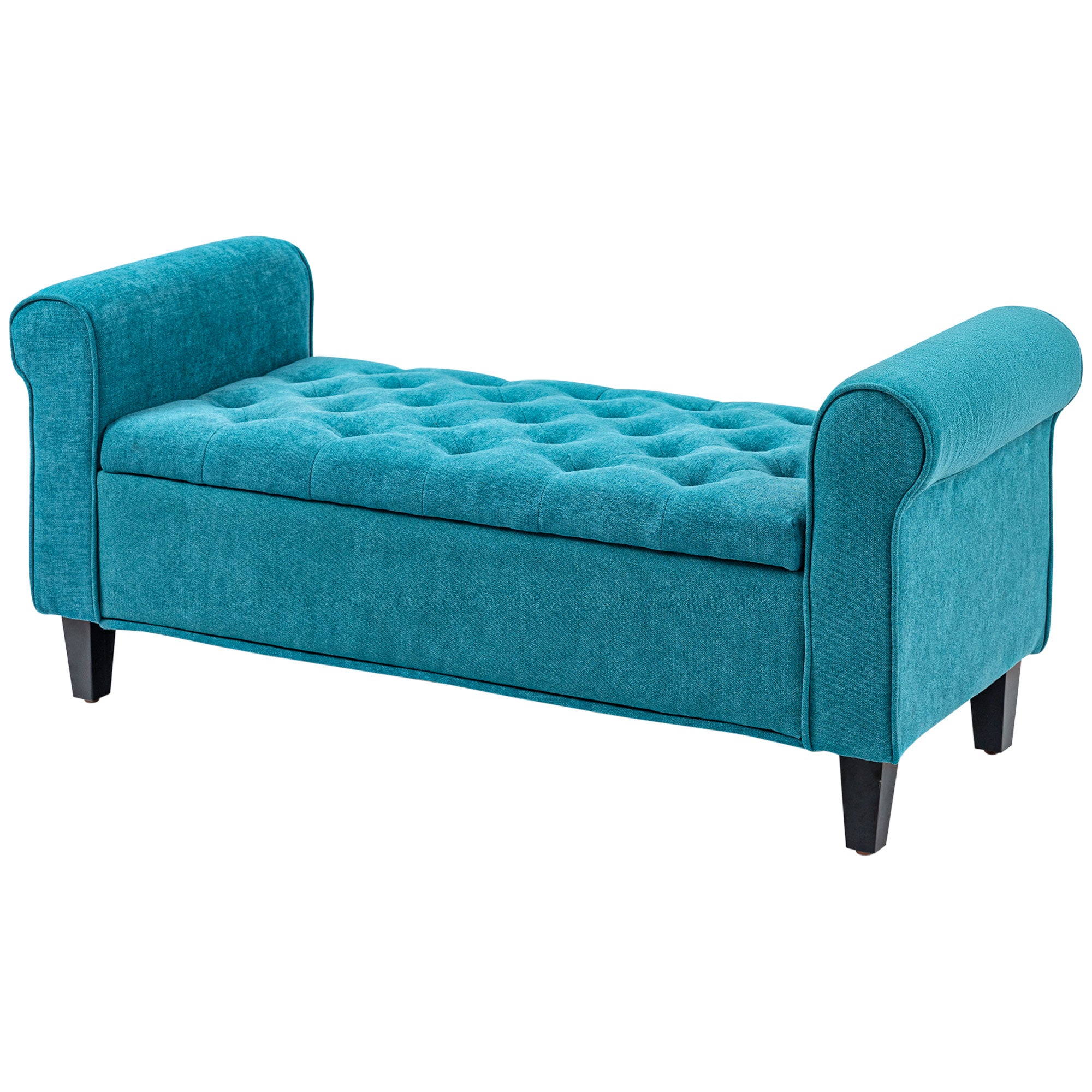 50 Inches Storage Ottoman, End of Bed Bench with Rolled Arms, Wood Legs, Button Tufted Storage Bench, Teal