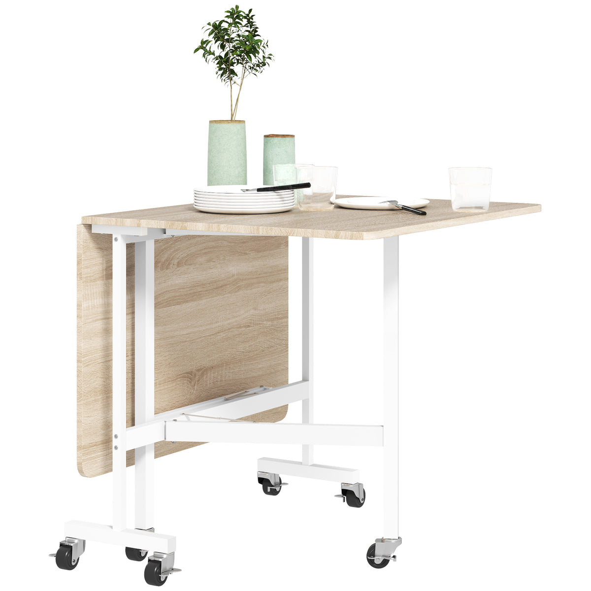 Mobile Drop Leaf Table, Folding Dining Table with 6 Wheels & Brakes, Rolling Kitchen Table for Small Spaces, 47.2", Oak